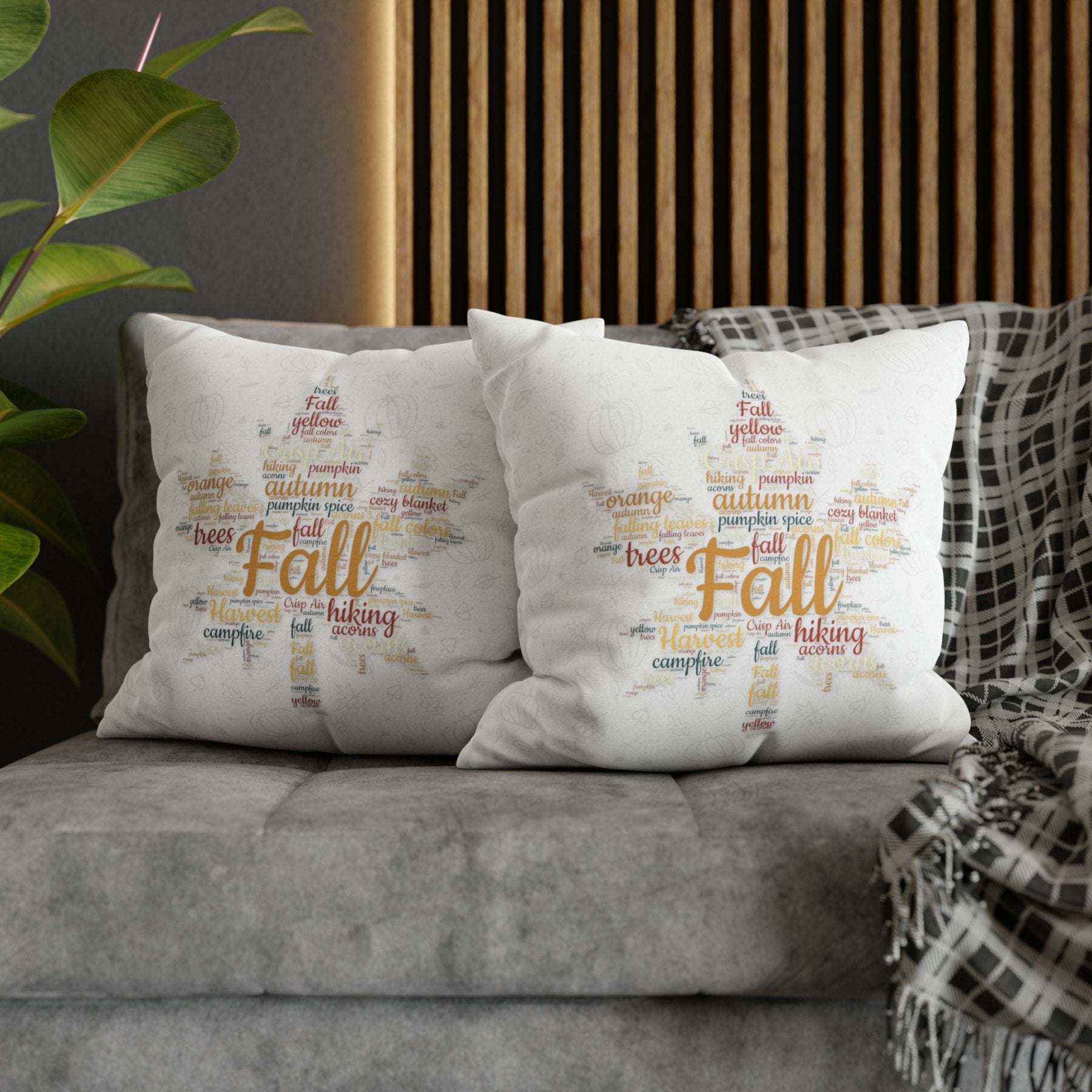 Square Throw Pillow Cover Case Fall Autumn Descriptive Words with Leaves and Pumpkins Mockup | Janlyn's Crafts