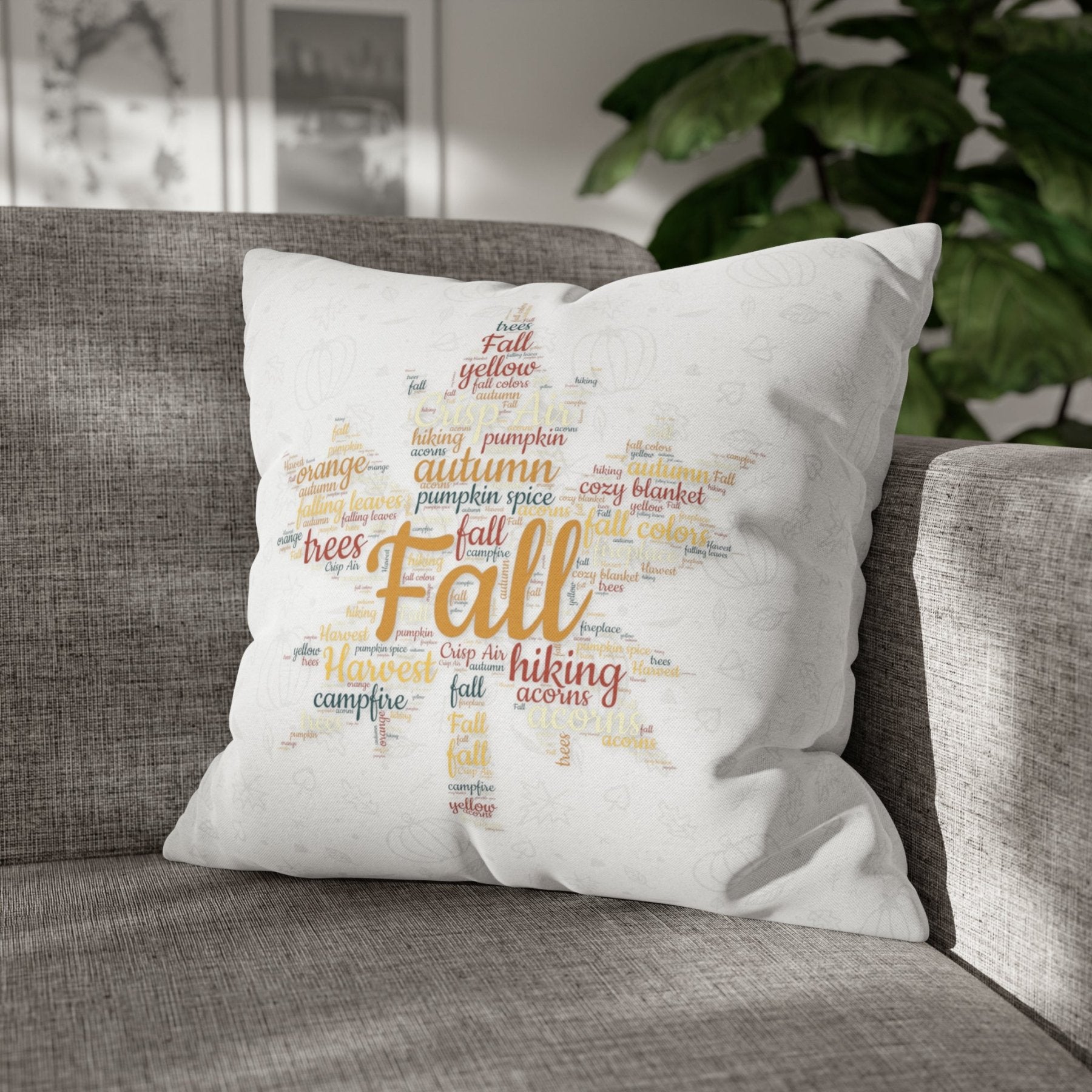 Square Throw Pillow Cover Case Fall Autumn Descriptive Words with Leaves and Pumpkins Mockup | Janlyn's Crafts