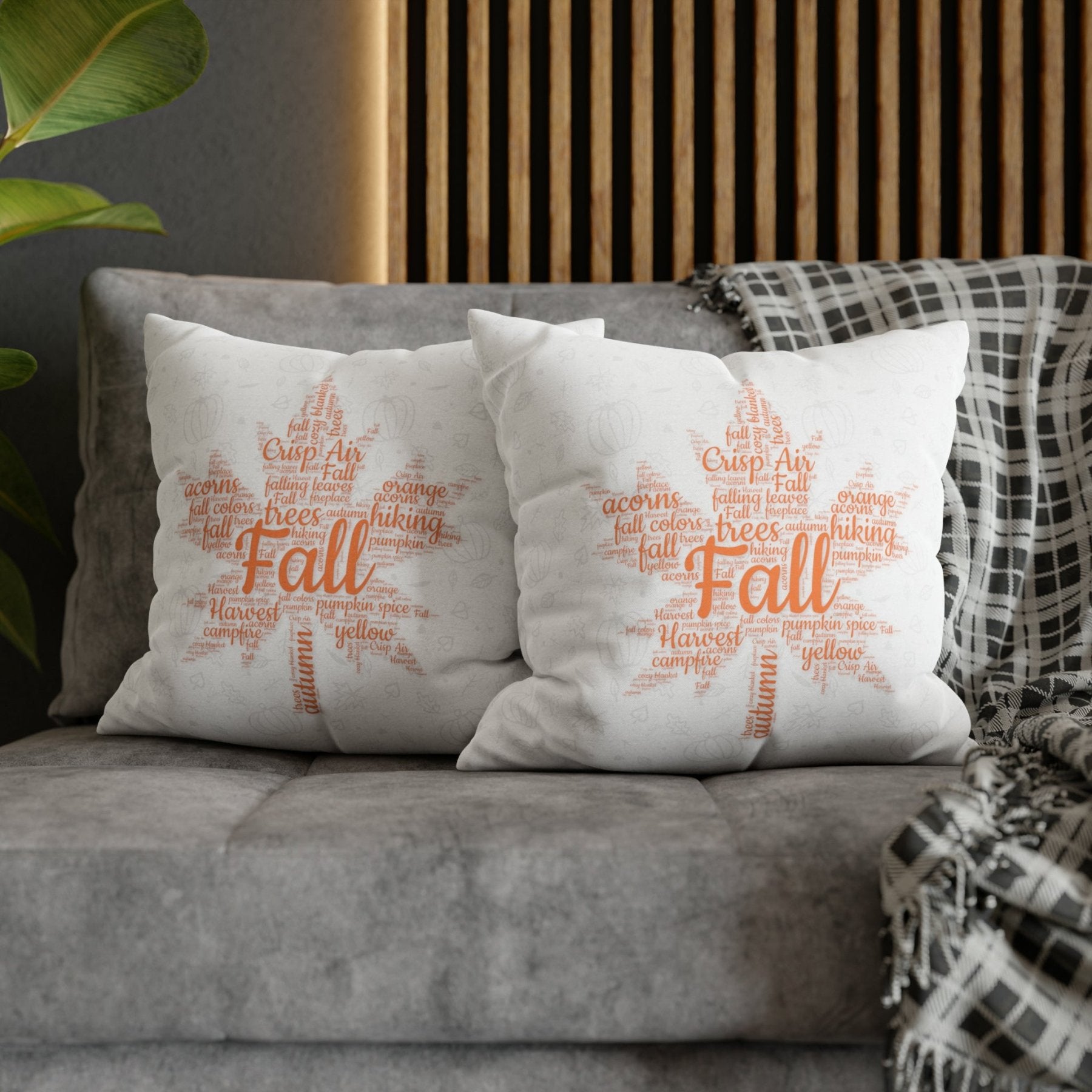 Square Throw Pillow Cover Case Fall Autumn Descriptive Words with Leaves and Pumpkins Mockup | Janlyn's Crafts