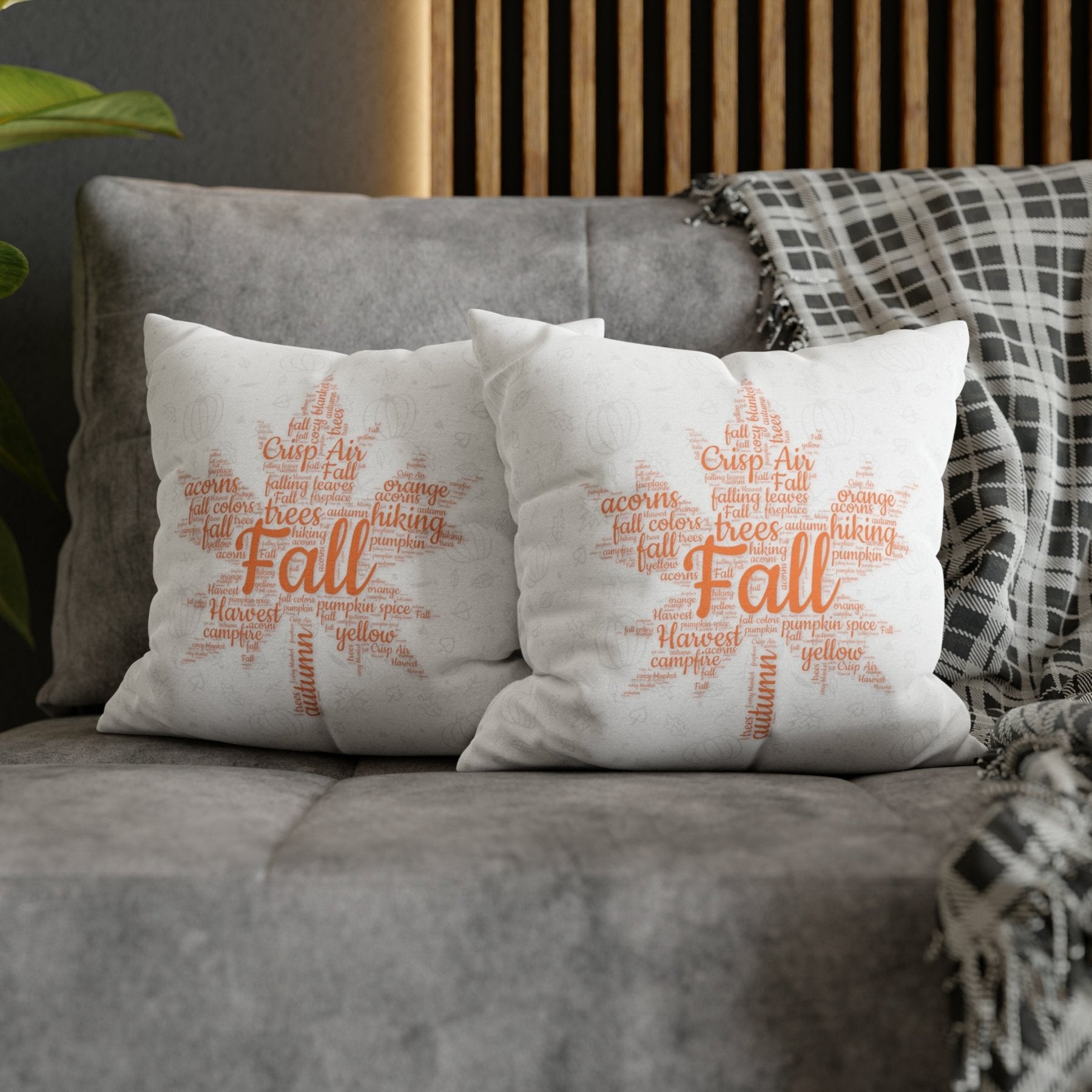 Square Throw Pillow Cover Case Fall Autumn Descriptive Words with Leaves and Pumpkins Mockup | Janlyn's Crafts