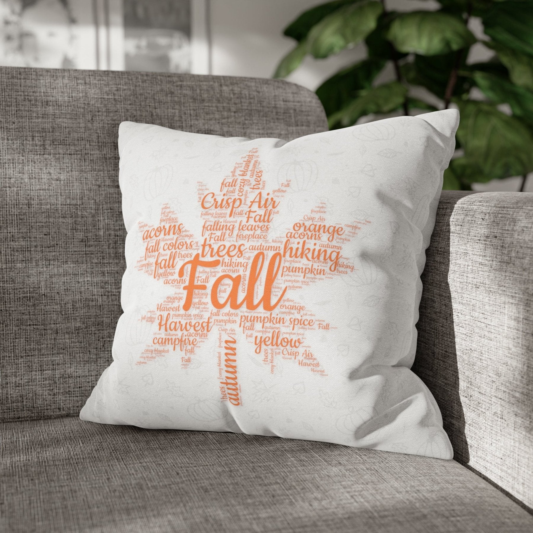 Square Throw Pillow Cover Case Fall Autumn Descriptive Words with Leaves and Pumpkins Mockup | Janlyn's Crafts