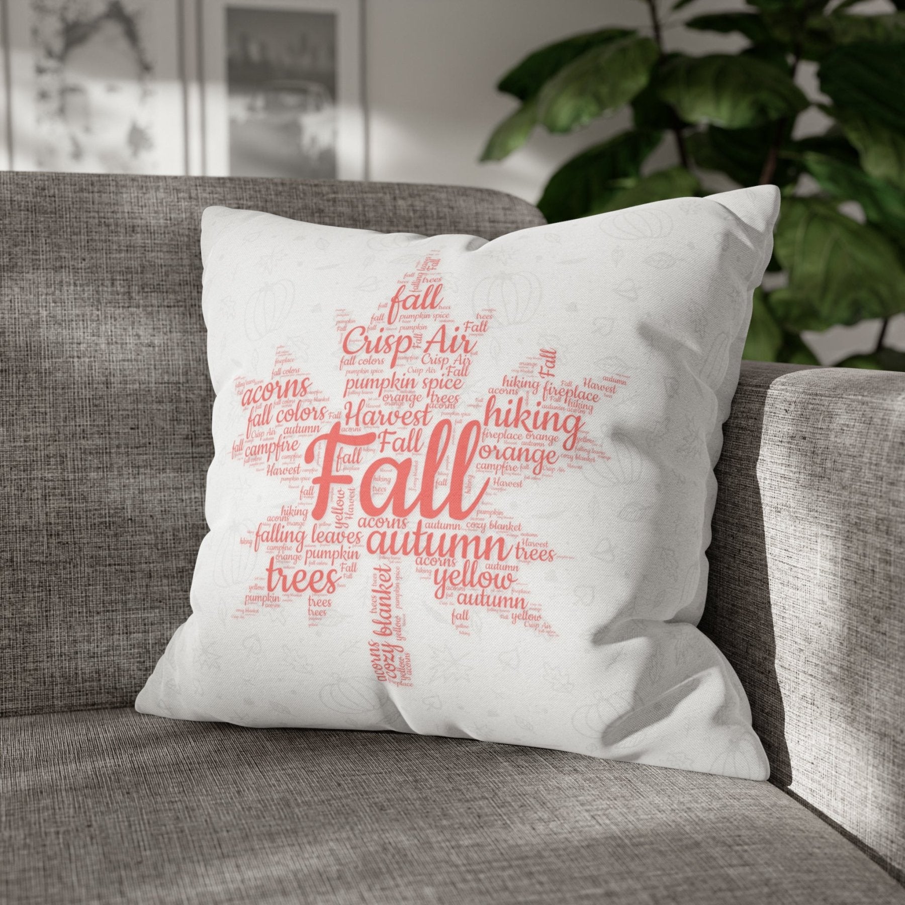 Square Throw Pillow Cover Case Fall Autumn Descriptive Words with Leaves and Pumpkins Mockup | Janlyn's Crafts