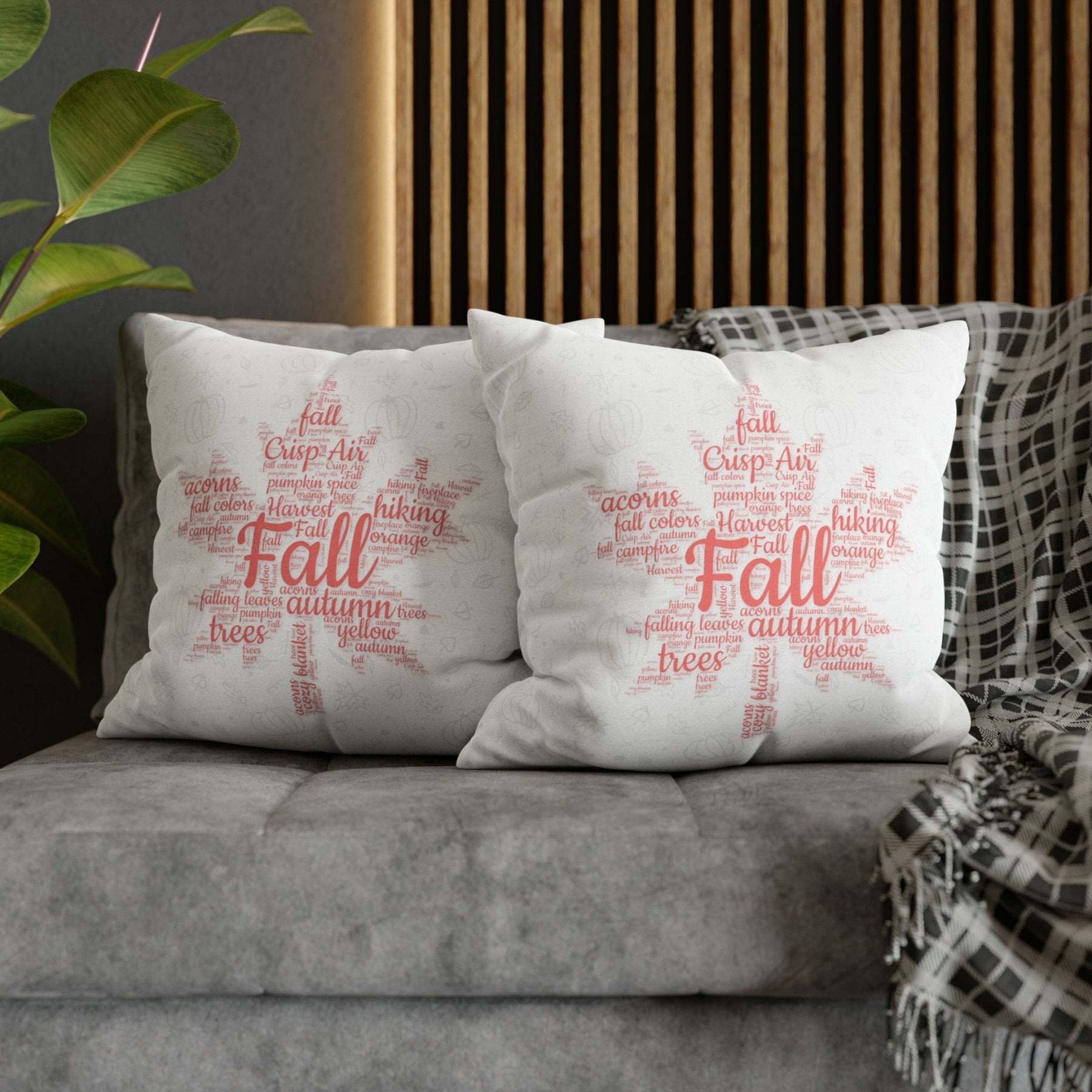 Square Throw Pillow Cover Case Fall Autumn Descriptive Words with Leaves and Pumpkins Mockup | Janlyn's Crafts