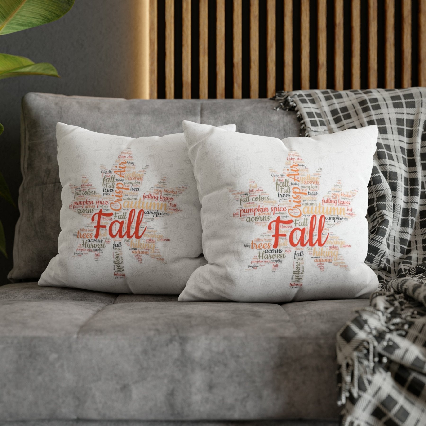 Square Throw Pillow Cover Case Fall Autumn Descriptive Words with Leaves and Pumpkins Mockup | Janlyn's Crafts