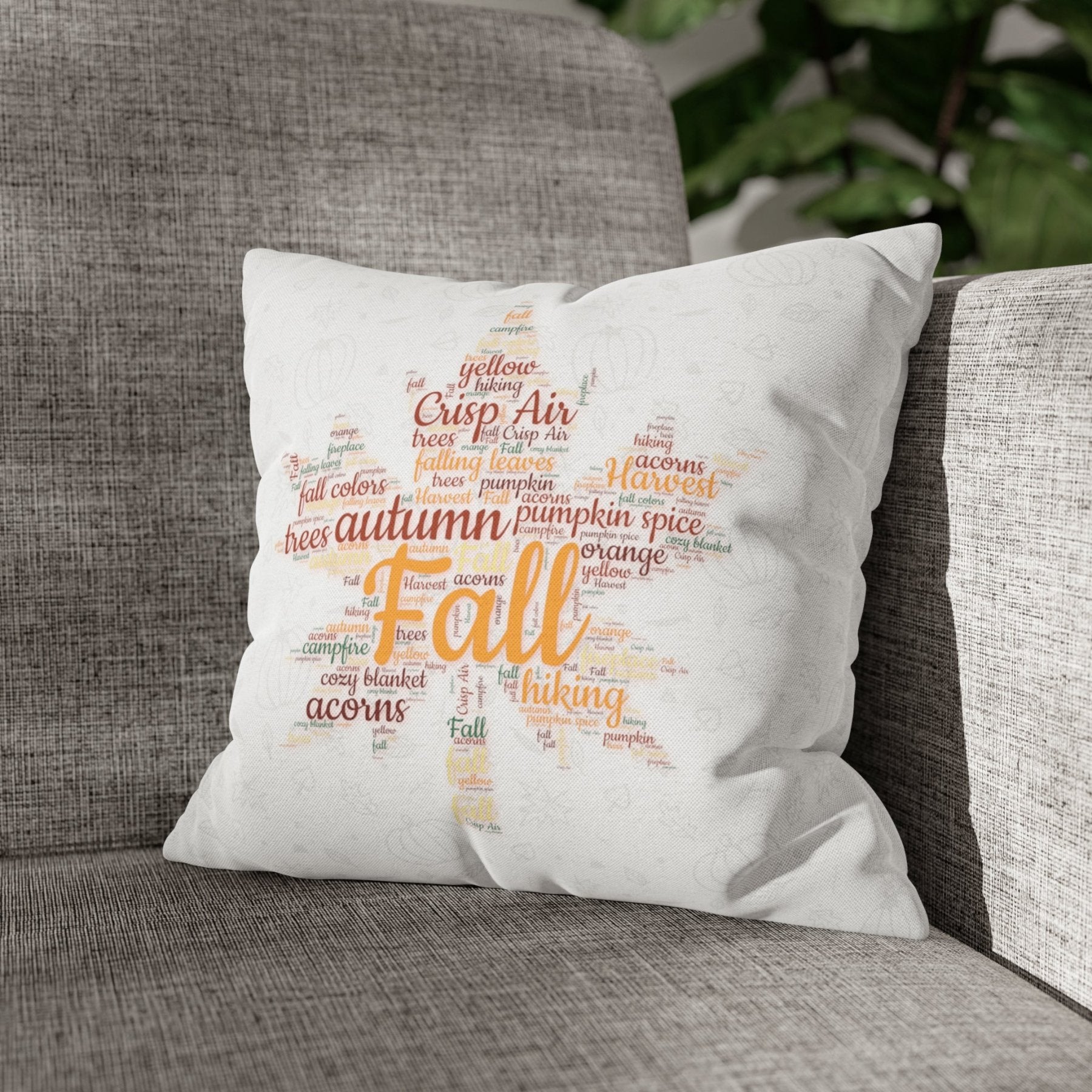 Square Throw Pillow Cover Case Fall Autumn Descriptive Words with Leaves and Pumpkins Mockup | Janlyn's Crafts