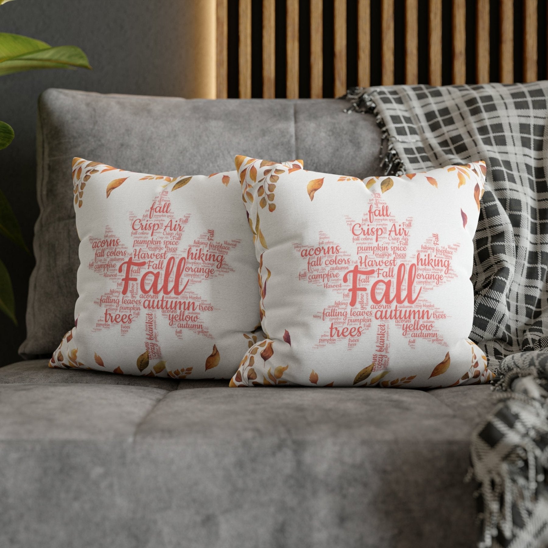 Square Throw Pillow Cover Case Fall Autumn Descriptive Words with Leaves Mockup | Janlyn's Crafts