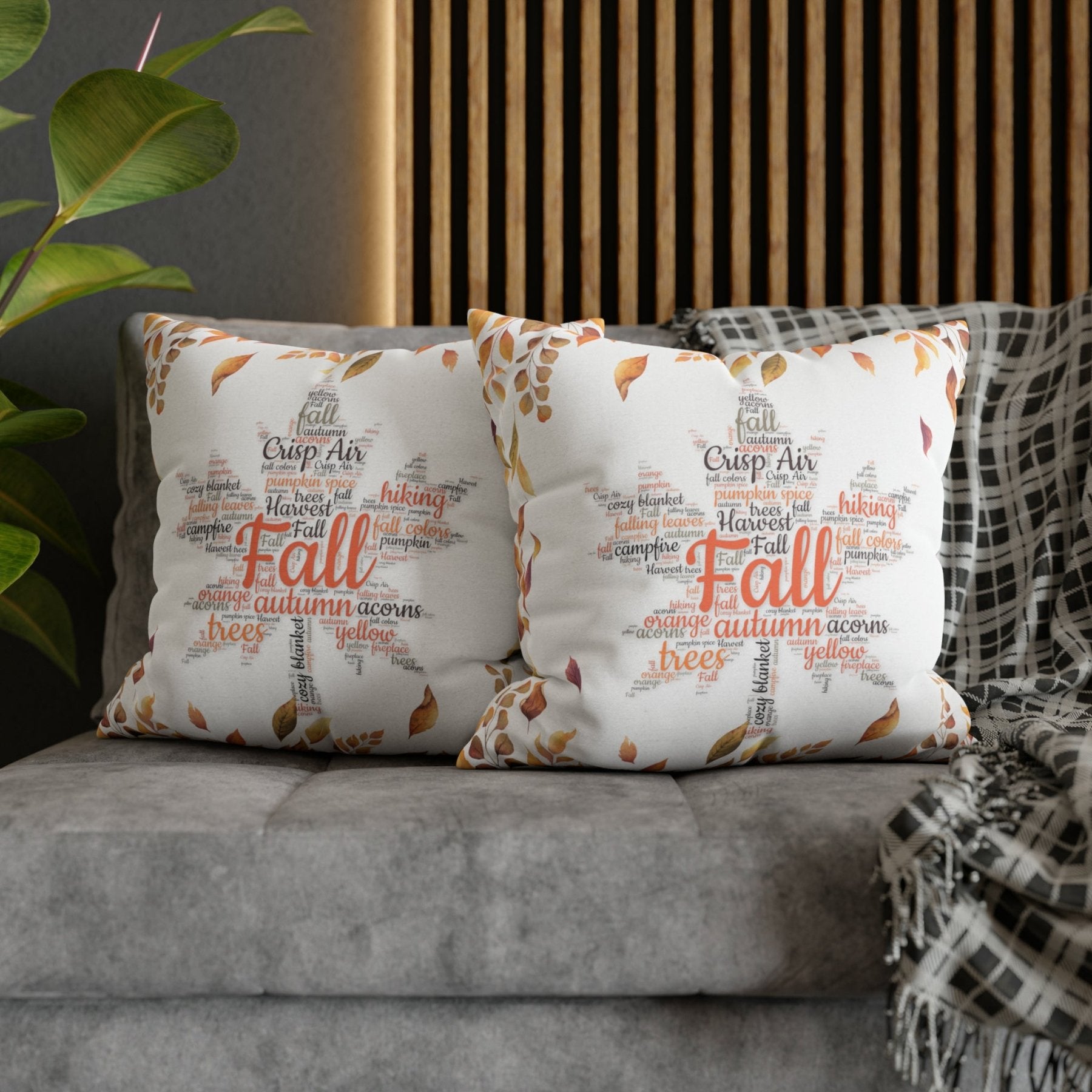 Square Throw Pillow Cover Case Fall Autumn Descriptive Words with Leaves Mockup | Janlyn's Crafts