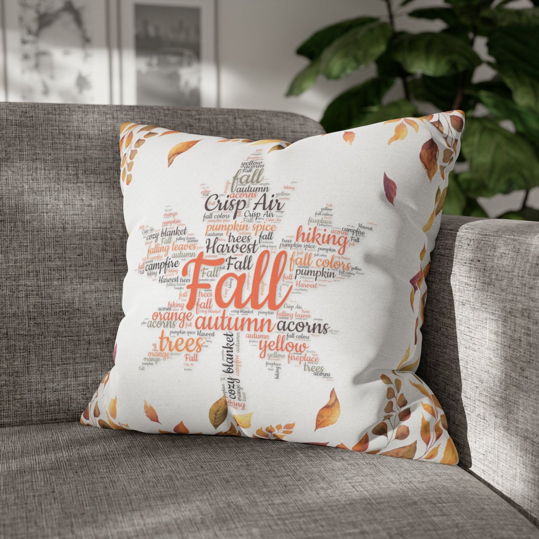 Square Throw Pillow Cover Case Fall Autumn Descriptive Words with Leaves Mockup | Janlyn's Crafts