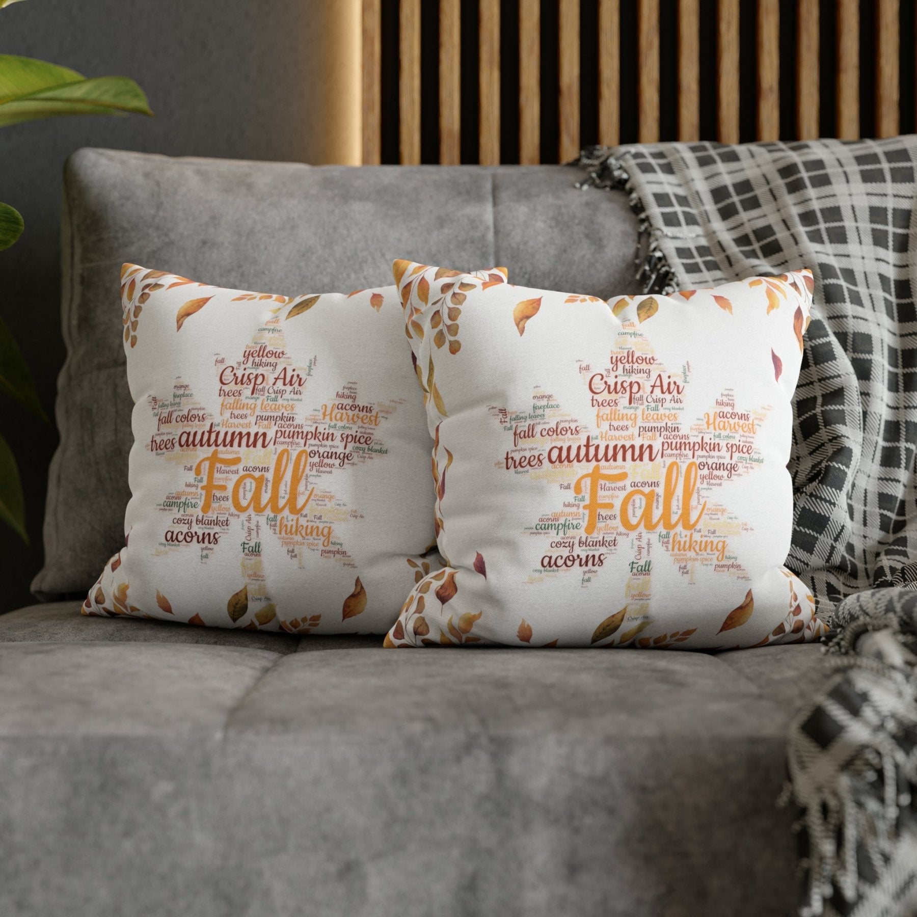 Square Throw Pillow Cover Case Fall Autumn Descriptive Words with Leaves Mockup | Janlyn's Crafts