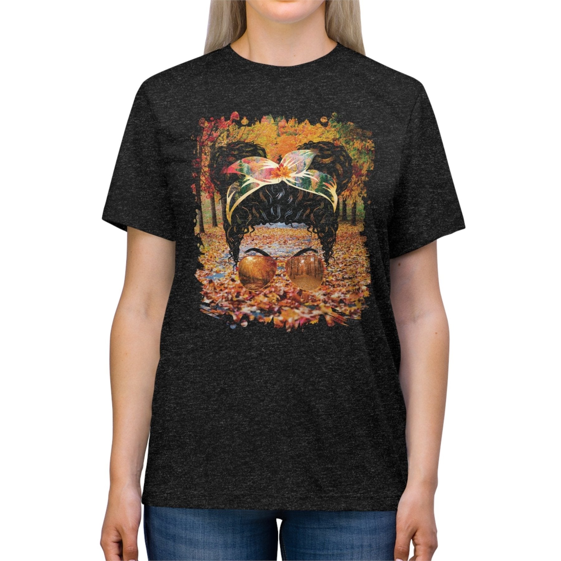 Fall Trail, Black Hair Messy Bun, Unisex Triblend T - Shirt - Janlyn's Crafts