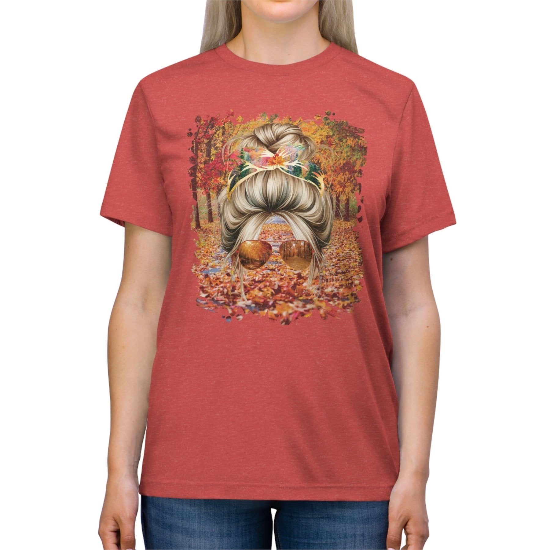 Fall Trail, Blond Hair Messy Bun, Unisex Triblend T - Shirt - Janlyn's Crafts