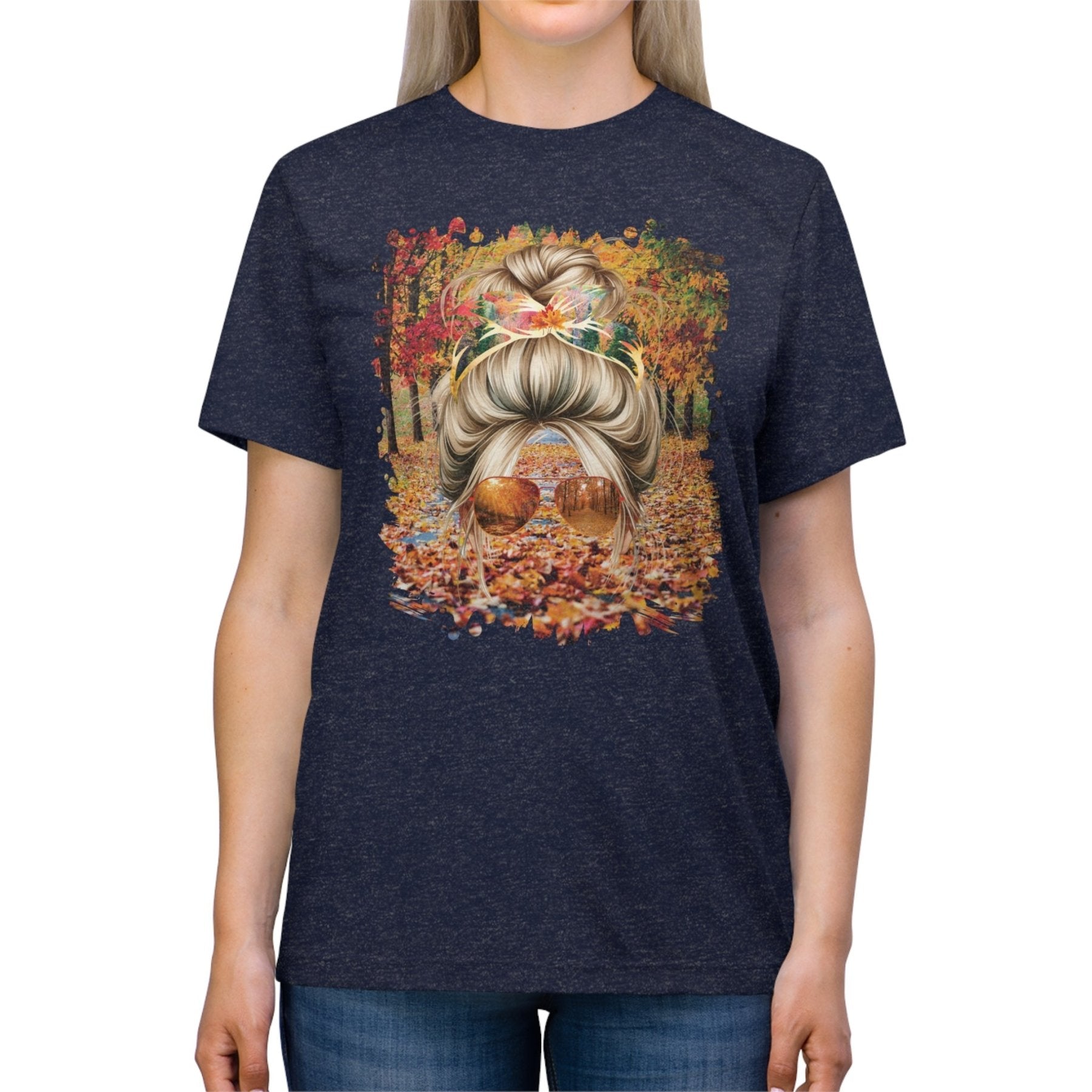 Fall Trail, Blond Hair Messy Bun, Unisex Triblend T - Shirt - Janlyn's Crafts