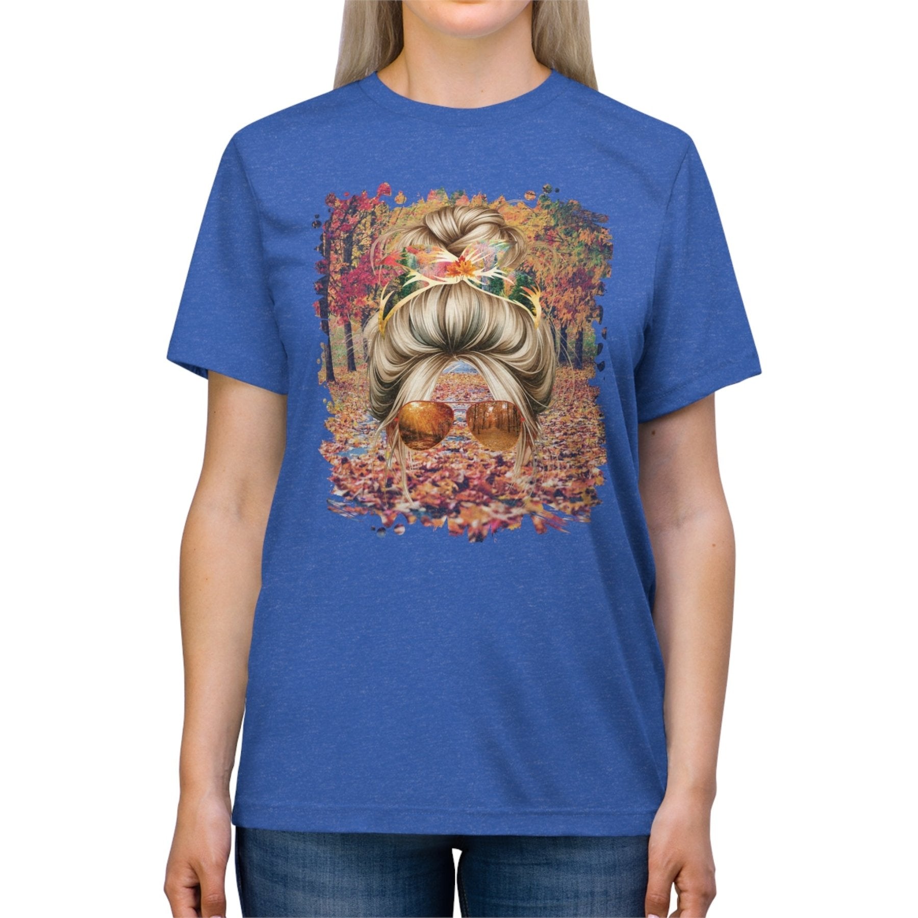 Fall Trail, Blond Hair Messy Bun, Unisex Triblend T - Shirt - Janlyn's Crafts