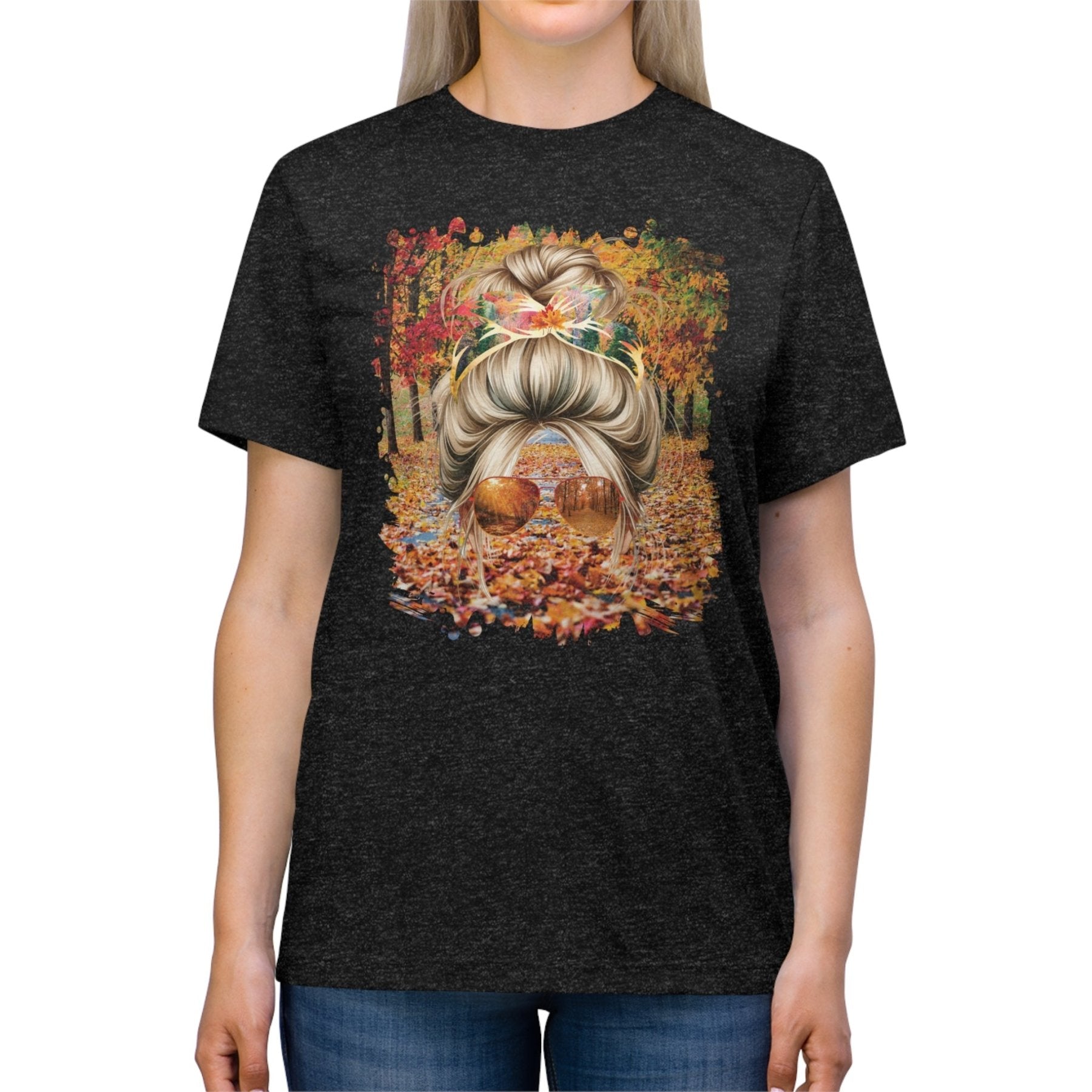 Fall Trail, Blond Hair Messy Bun, Unisex Triblend T - Shirt - Janlyn's Crafts