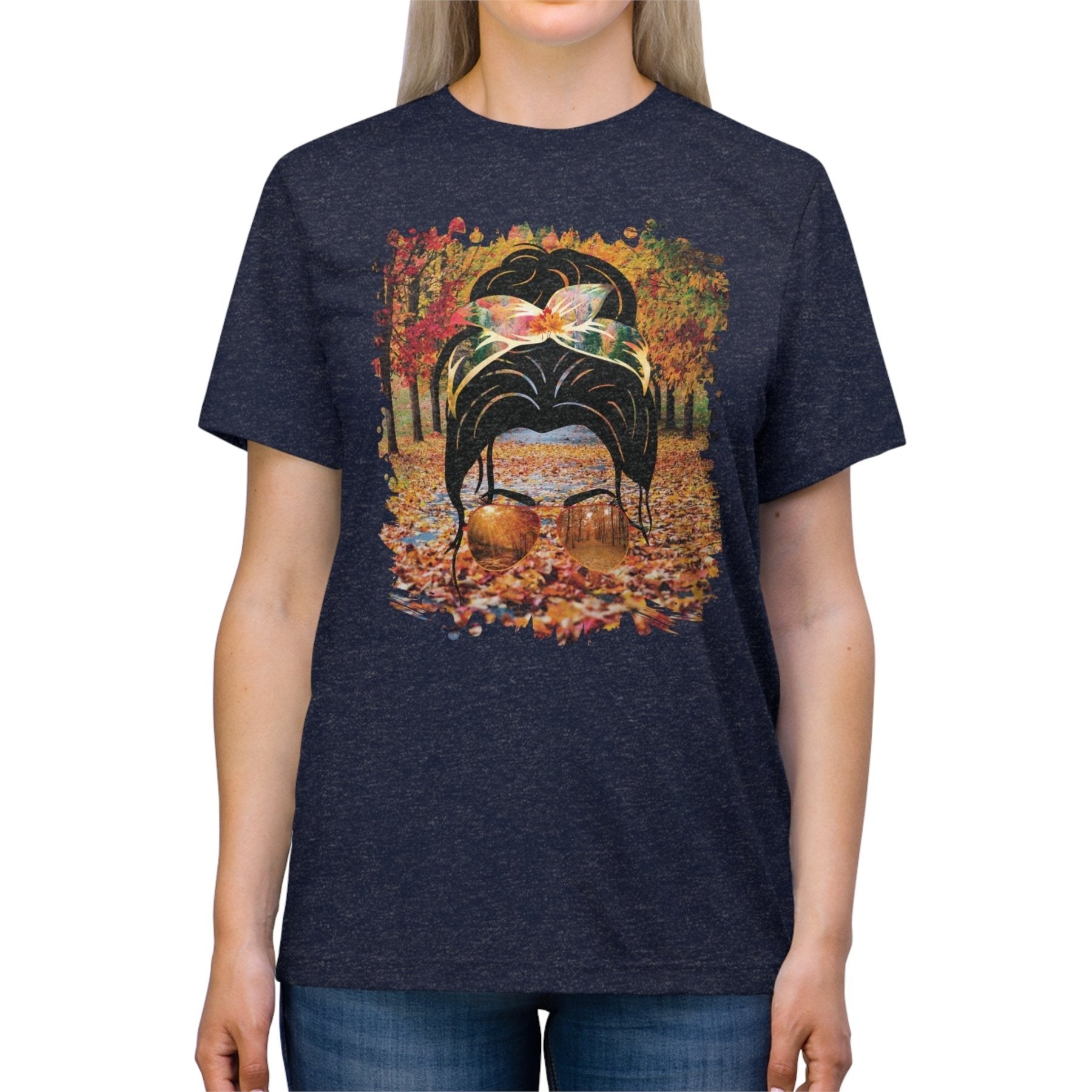 Fall Trail, Dark Hair Messy Bun, Unisex Triblend T - Shirt - Janlyn's Crafts