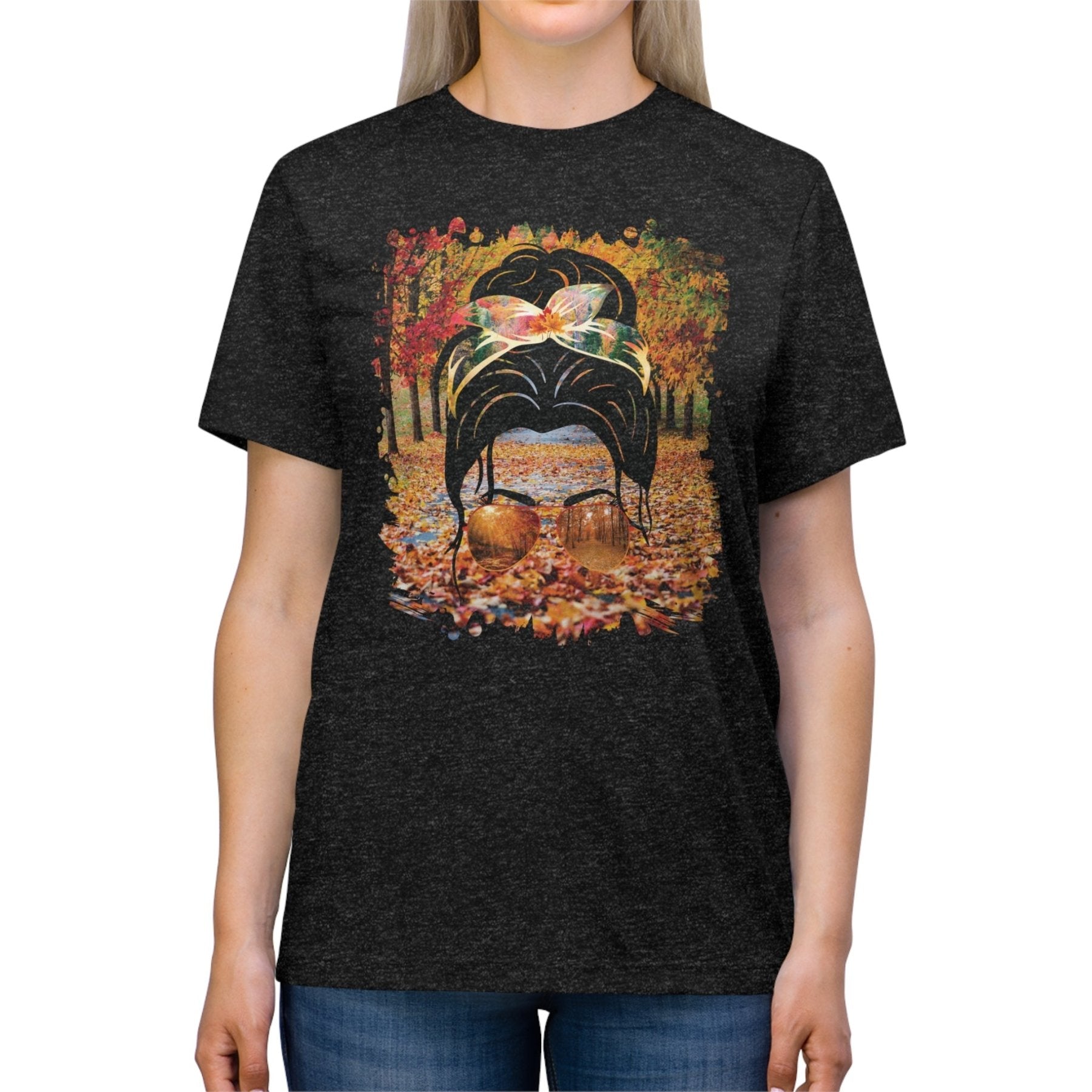 Fall Trail, Dark Hair Messy Bun, Unisex Triblend T - Shirt - Janlyn's Crafts