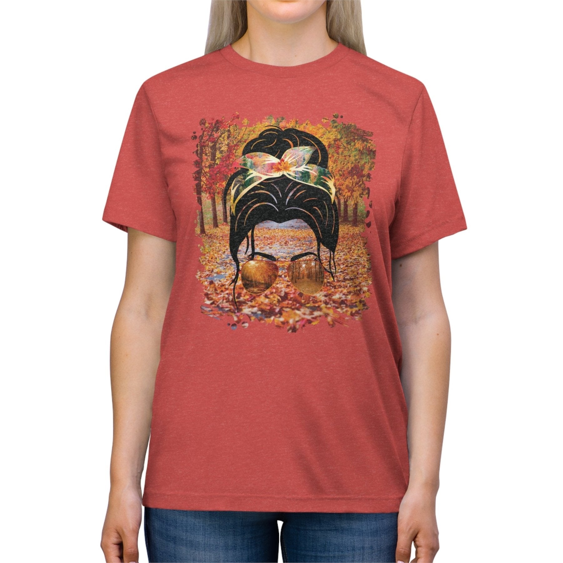 Fall Trail, Dark Hair Messy Bun, Unisex Triblend T - Shirt - Janlyn's Crafts