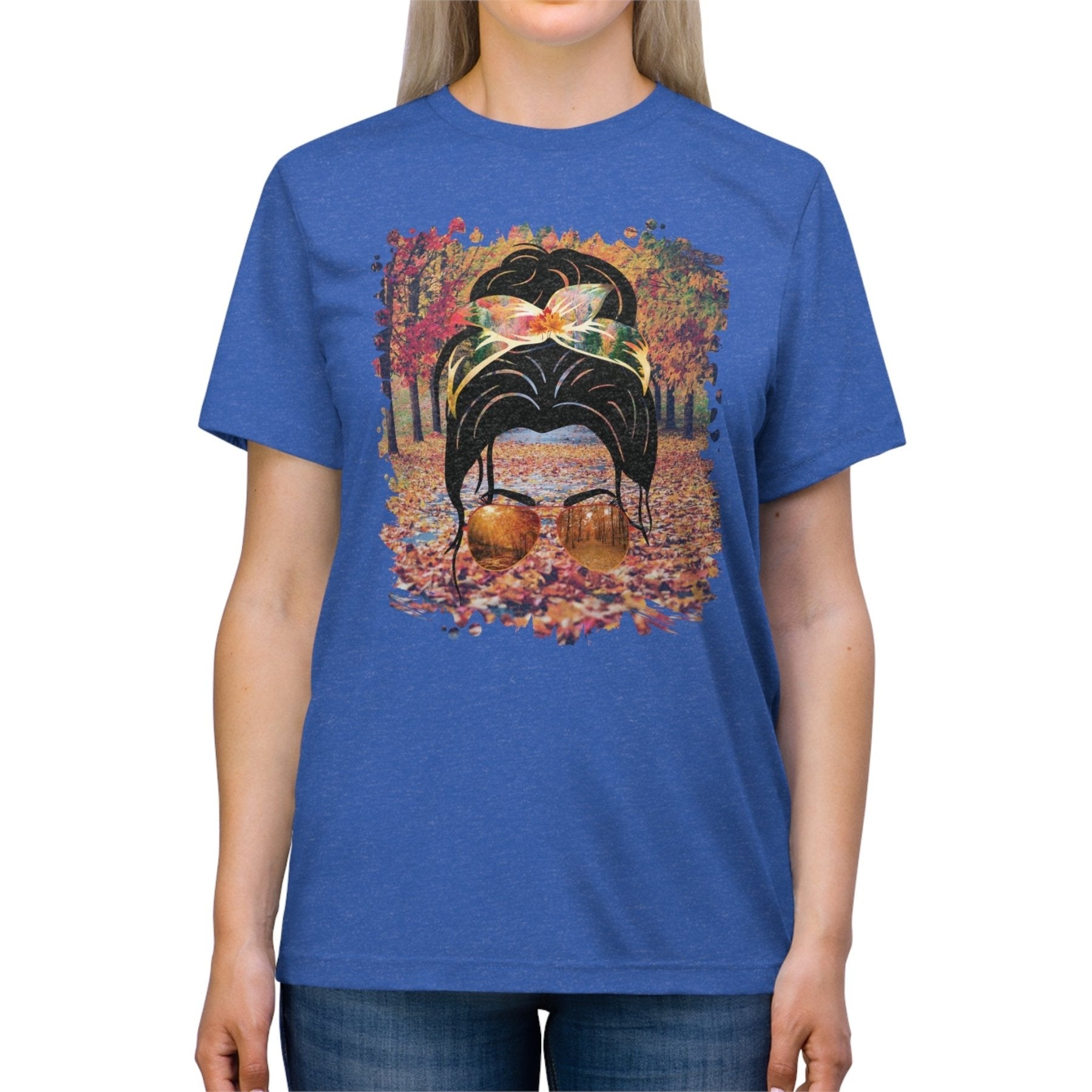 Fall Trail, Dark Hair Messy Bun, Unisex Triblend T - Shirt - Janlyn's Crafts