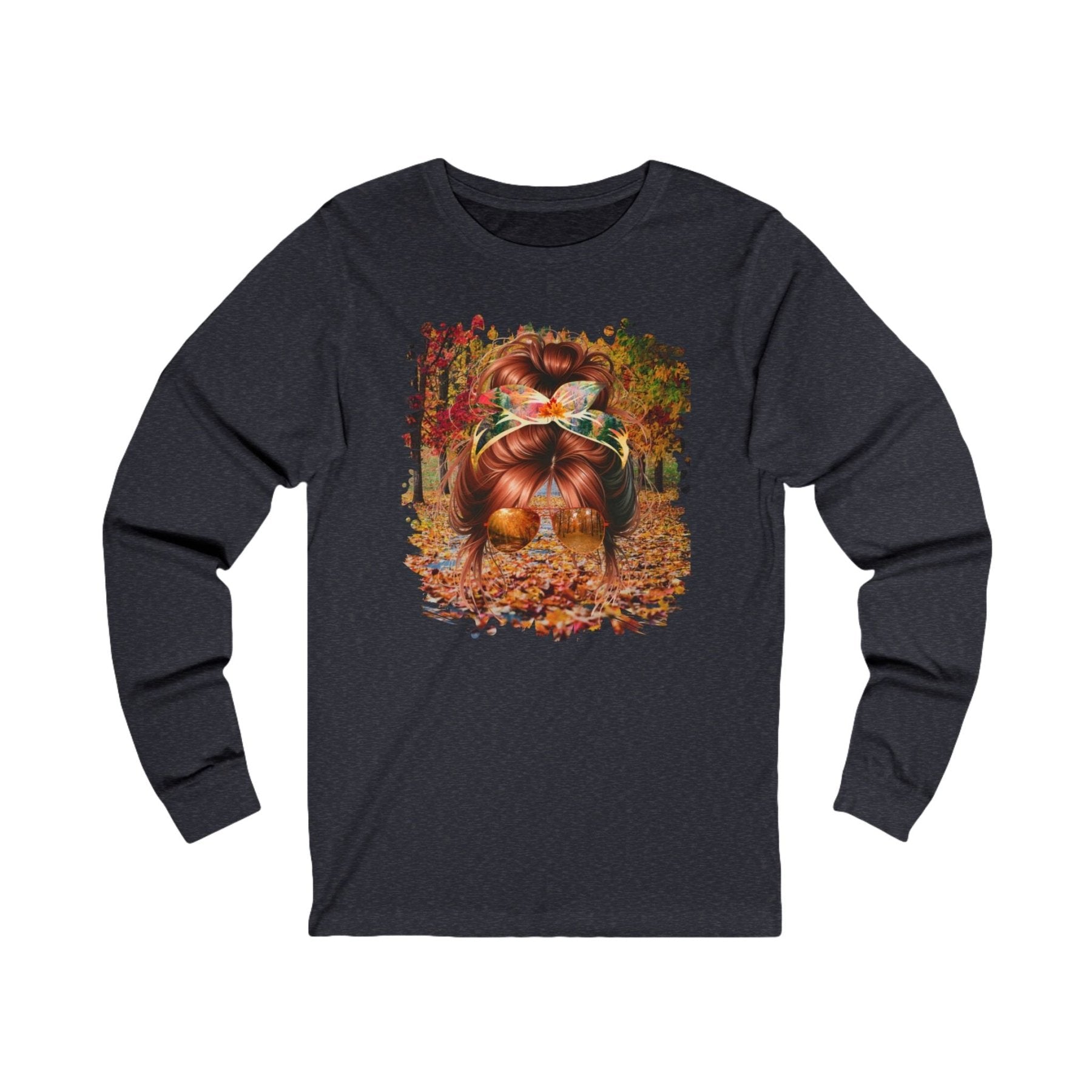 Fall Trail, Red Hair Messy Bun, Unisex Jersey Long Sleeve Tee - Janlyn's Crafts