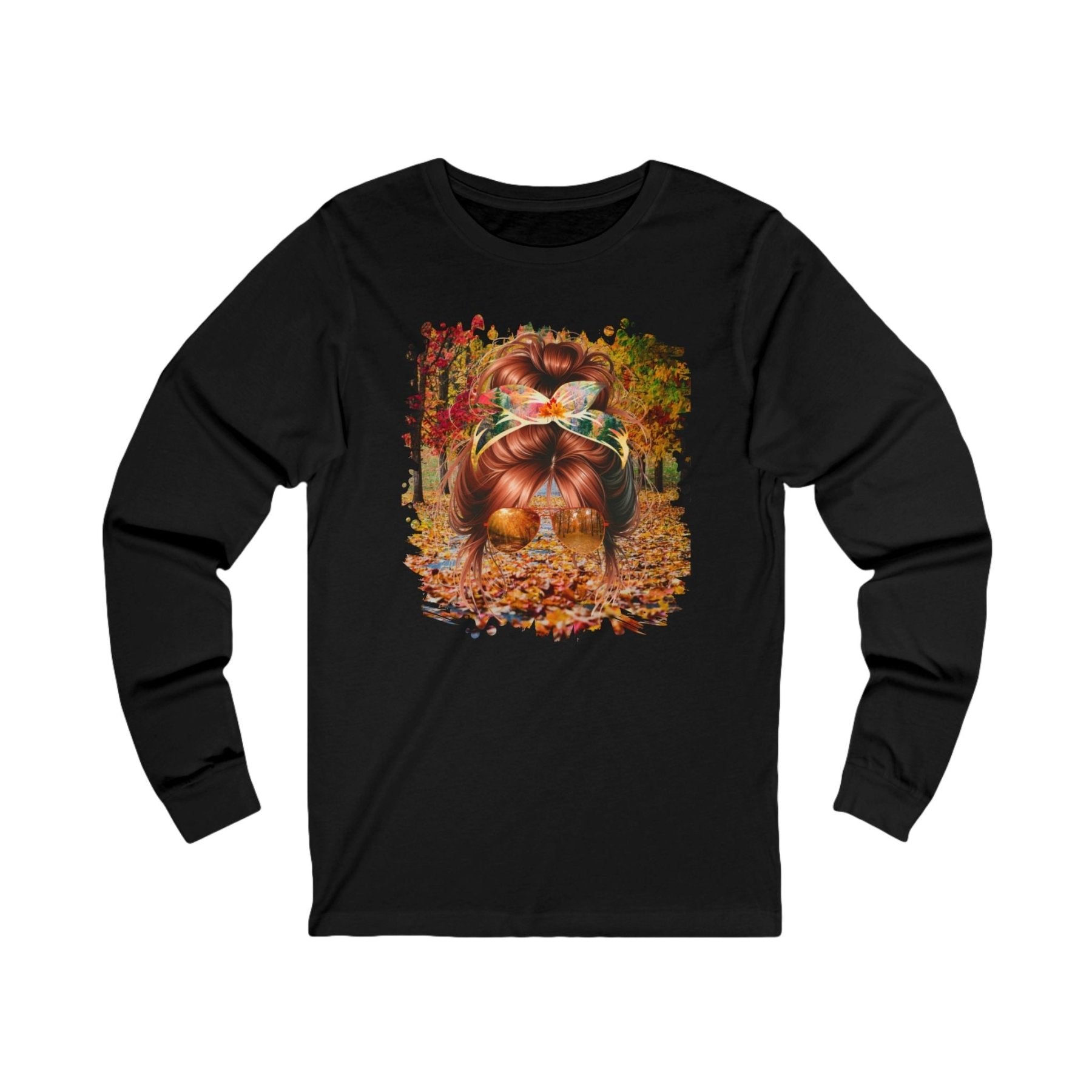 Fall Trail, Red Hair Messy Bun, Unisex Jersey Long Sleeve Tee - Janlyn's Crafts