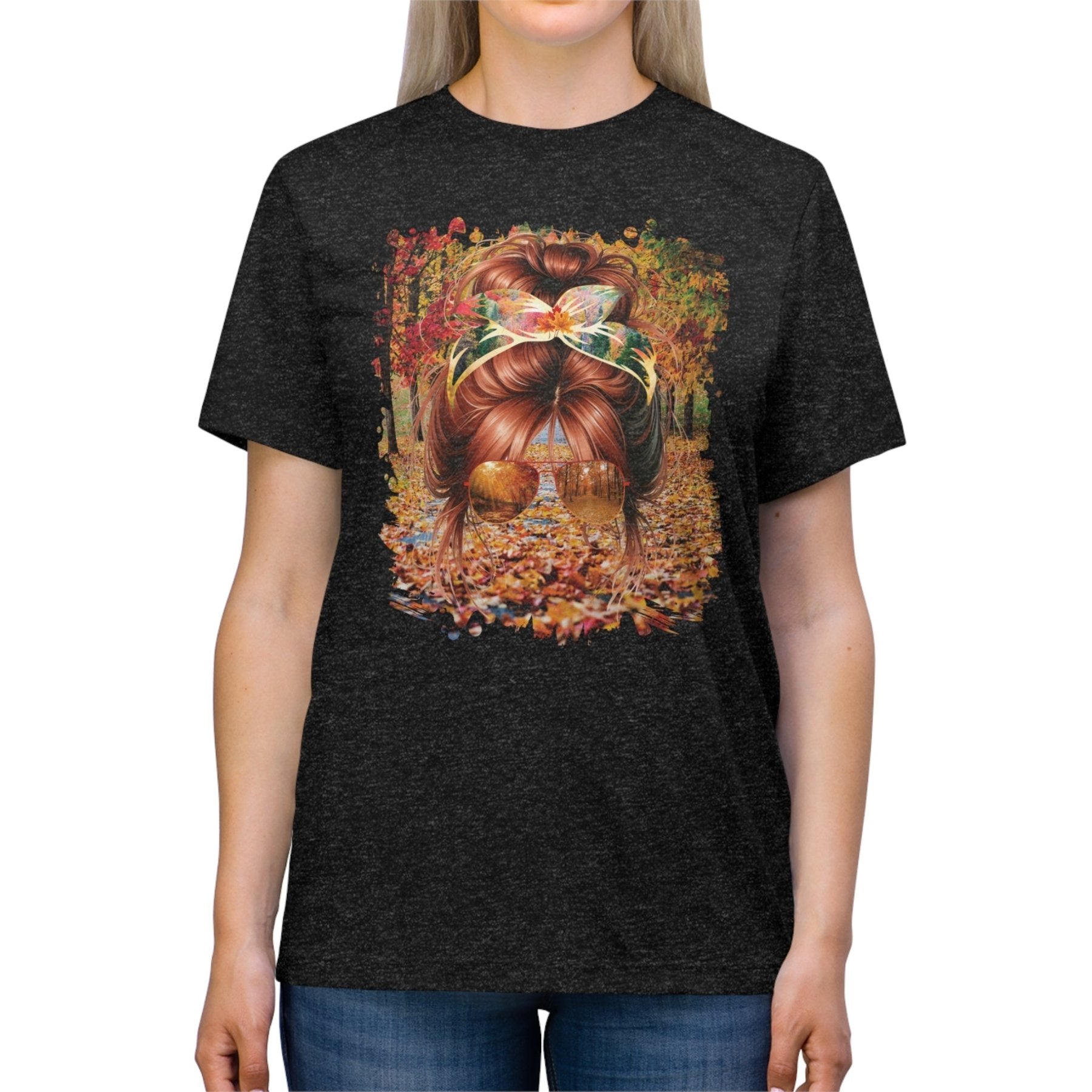 Fall Trail, Red Hair Messy Bun, Unisex Triblend T - Shirt - Janlyn's Crafts