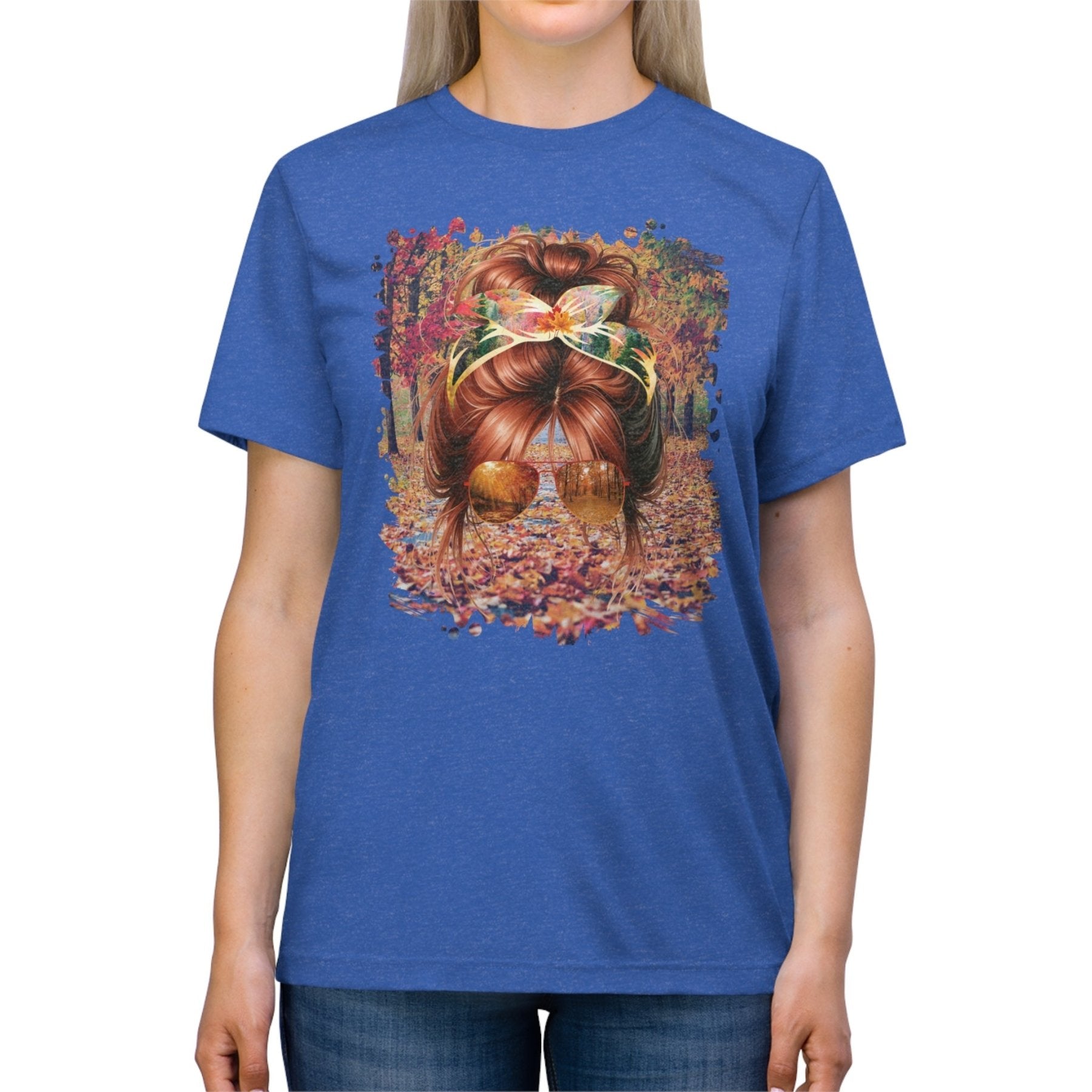 Fall Trail, Red Hair Messy Bun, Unisex Triblend T - Shirt - Janlyn's Crafts