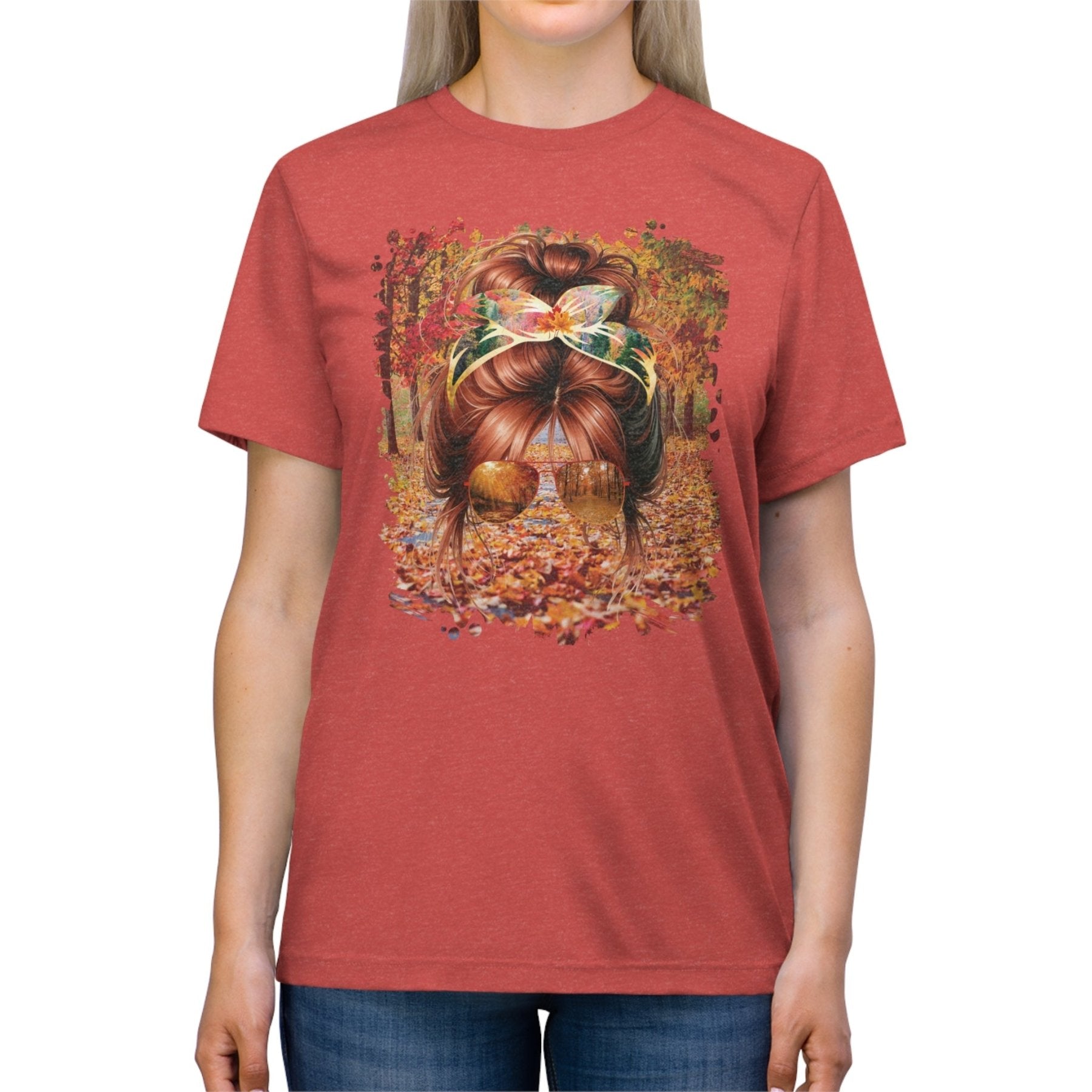 Fall Trail, Red Hair Messy Bun, Unisex Triblend T - Shirt - Janlyn's Crafts