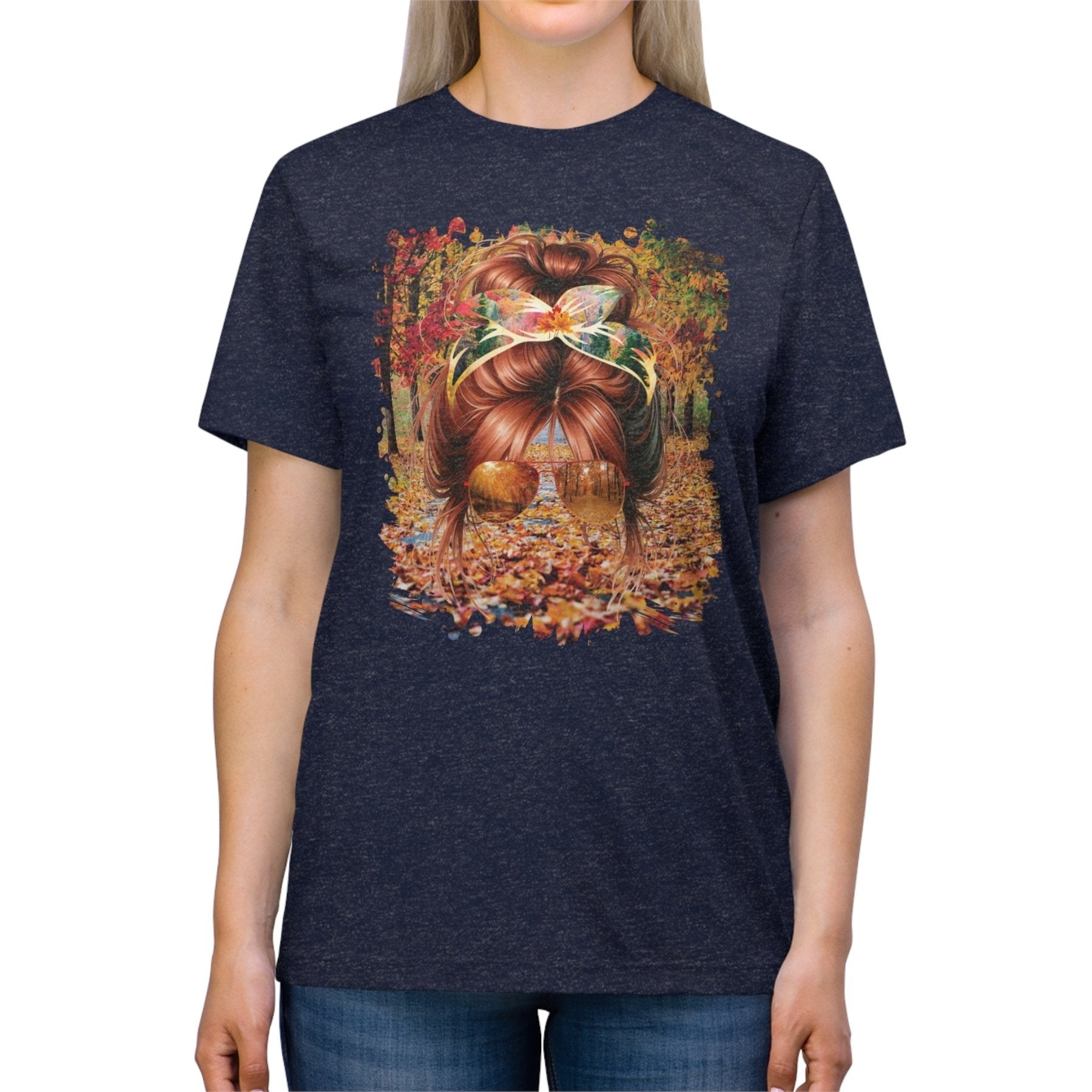 Fall Trail, Red Hair Messy Bun, Unisex Triblend T - Shirt - Janlyn's Crafts