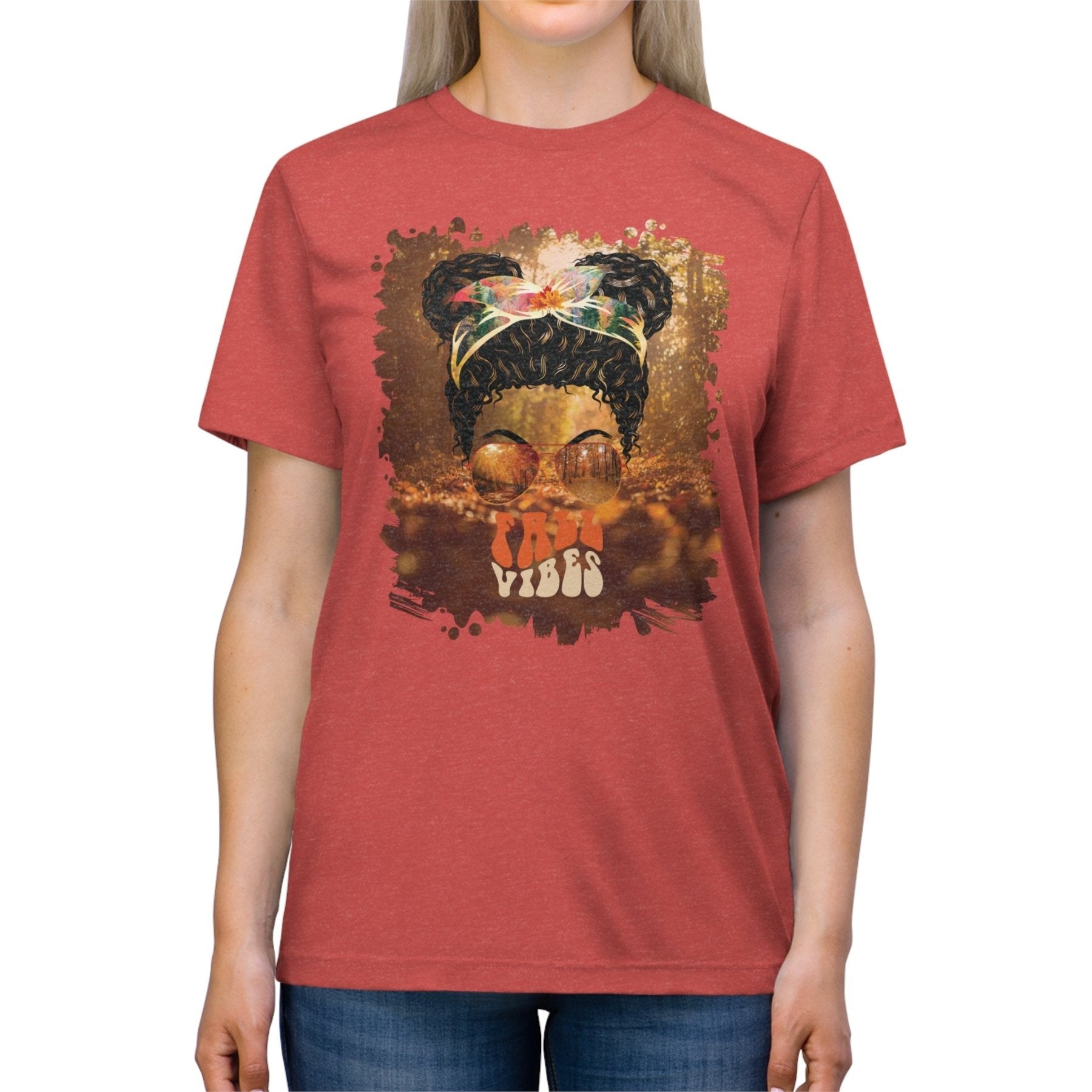 Fall Vibes Fall Forest, Black Hair Messy Bun, Unisex Triblend T - Shirt - Janlyn's Crafts