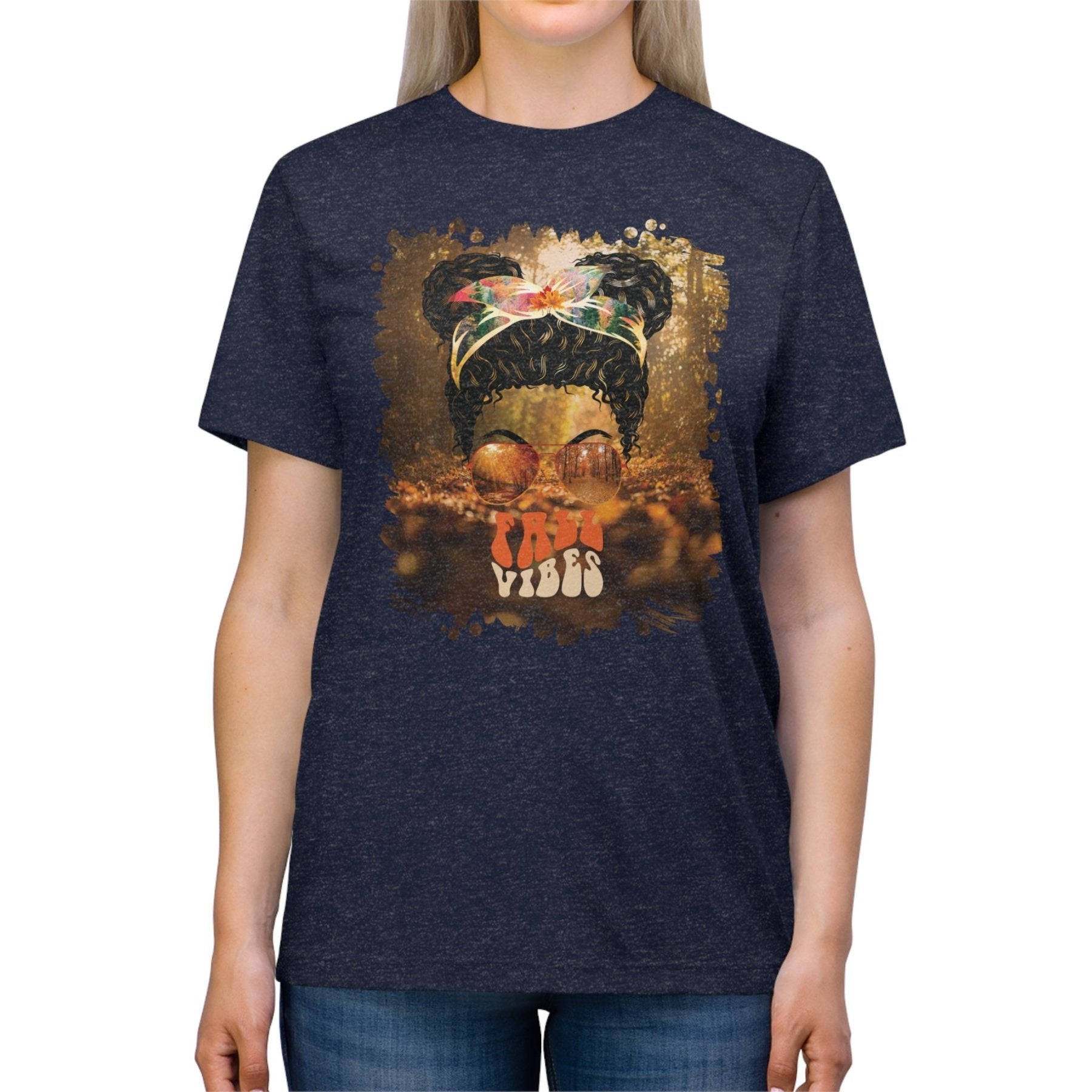 Fall Vibes Fall Forest, Black Hair Messy Bun, Unisex Triblend T - Shirt - Janlyn's Crafts