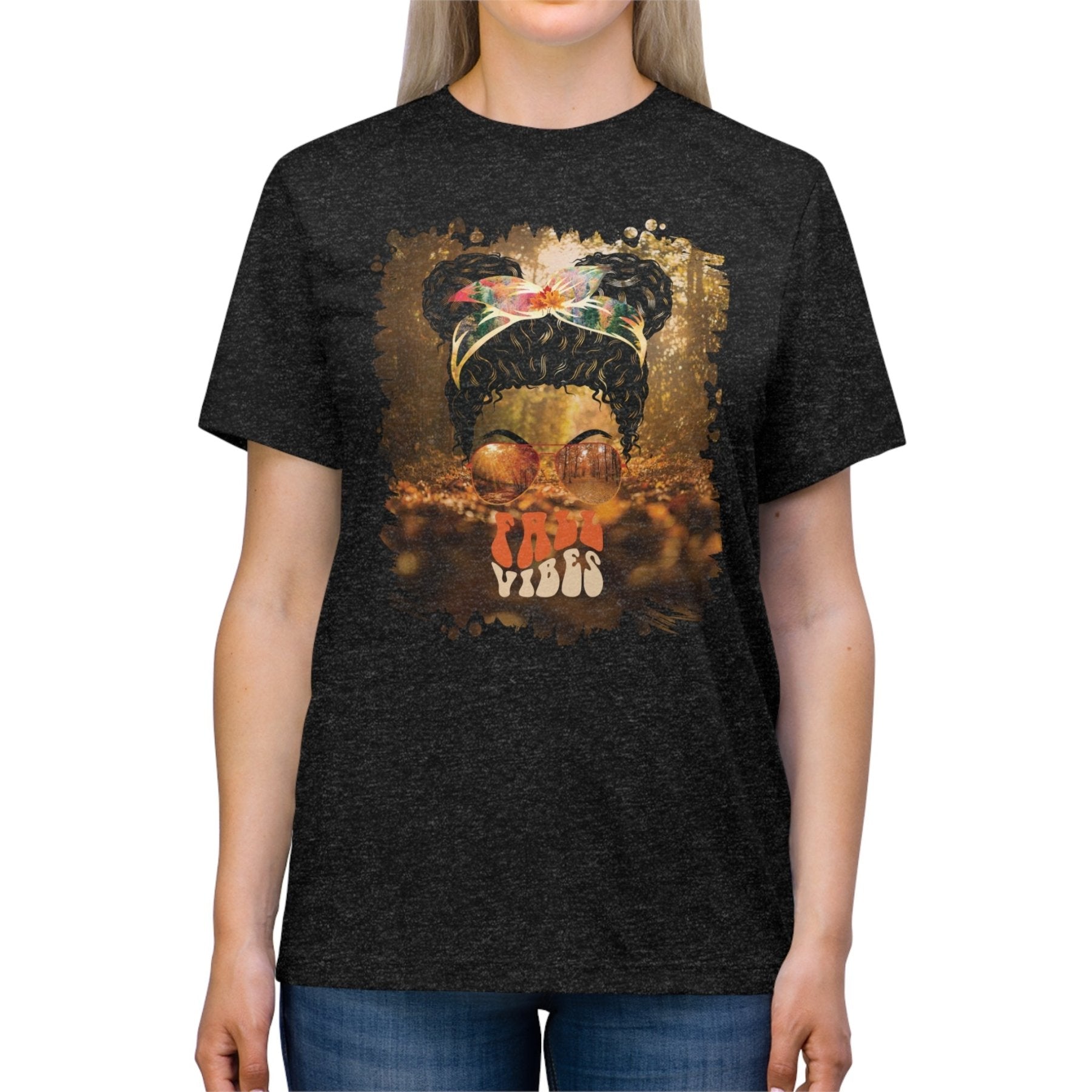 Fall Vibes Fall Forest, Black Hair Messy Bun, Unisex Triblend T - Shirt - Janlyn's Crafts