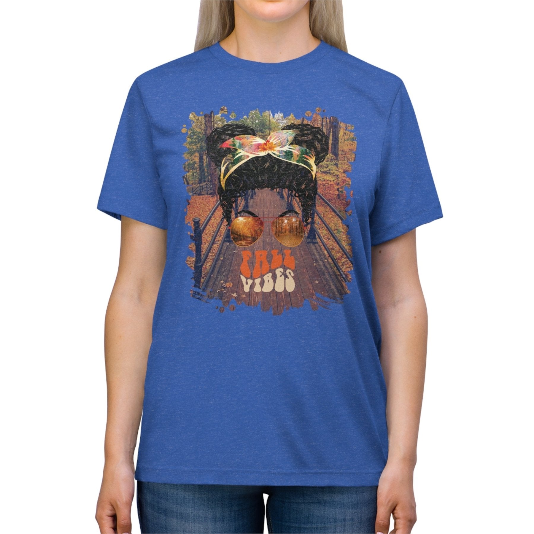 Fall Vibes Fall Hike, Black Hair Messy Bun, Unisex Triblend T - Shirt - Janlyn's Crafts