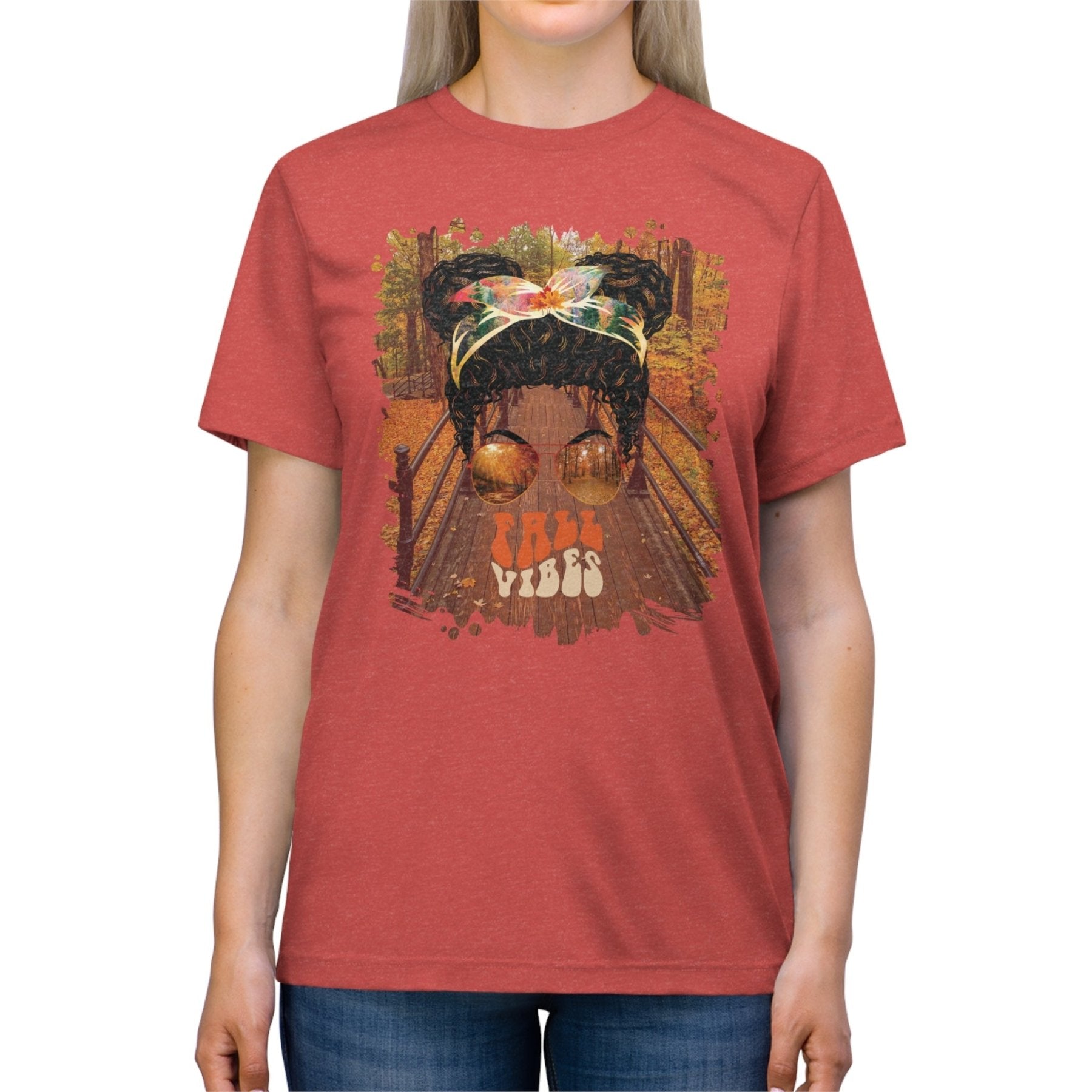 Fall Vibes Fall Hike, Black Hair Messy Bun, Unisex Triblend T - Shirt - Janlyn's Crafts