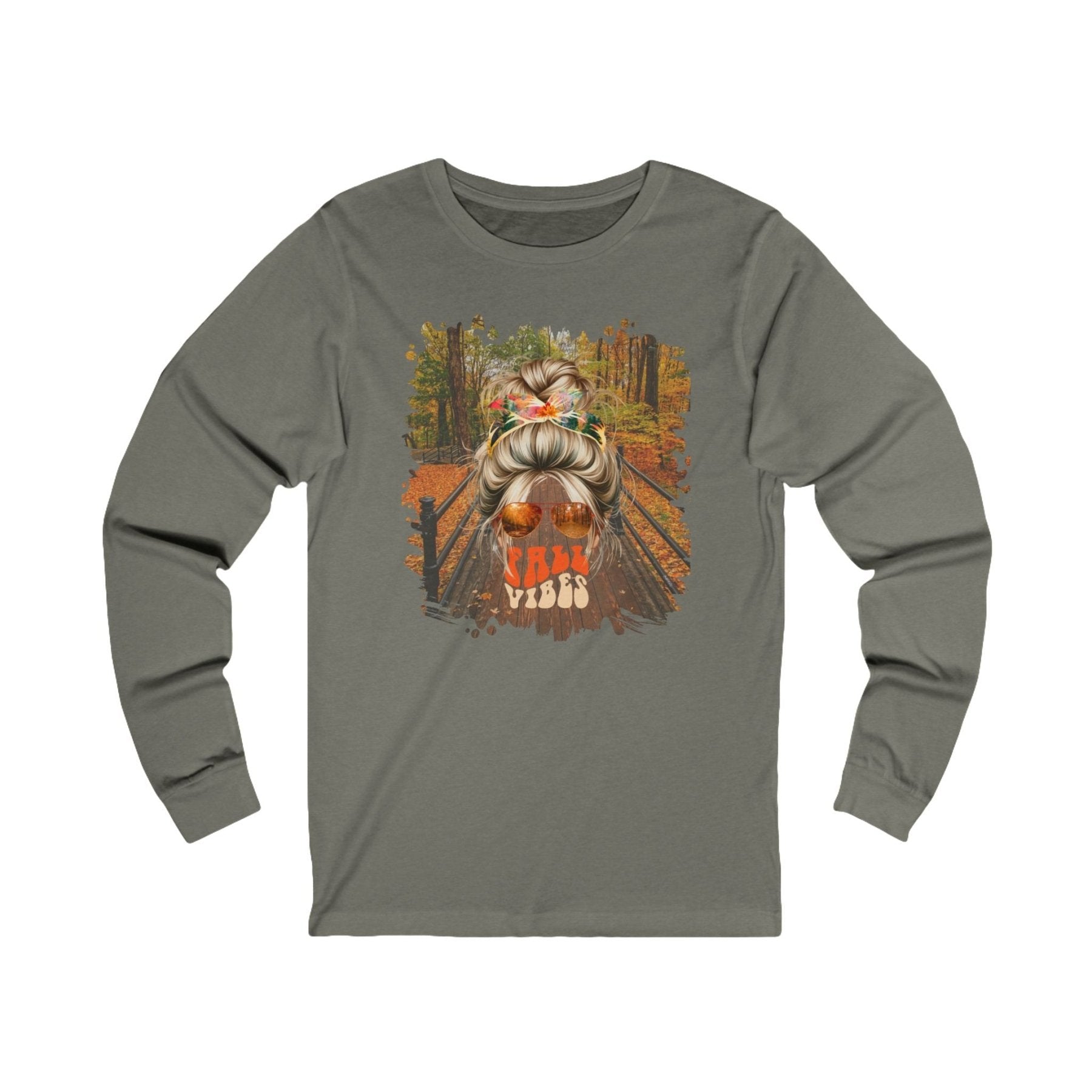 Fall Vibes Fall Hike, Blond Hair Messy Bun, Unisex Jersey Long Sleeve Tee - Janlyn's Crafts