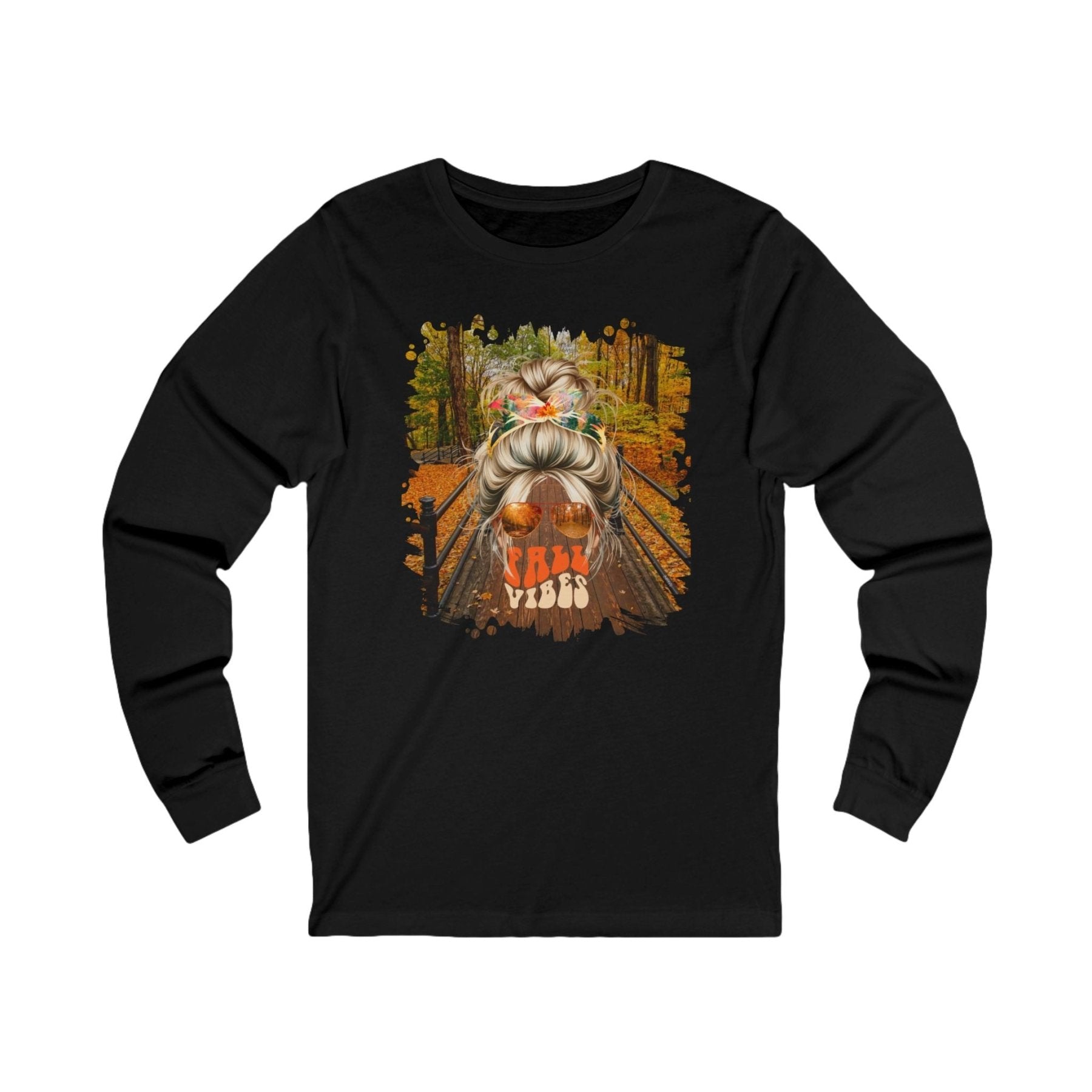 Fall Vibes Fall Hike, Blond Hair Messy Bun, Unisex Jersey Long Sleeve Tee - Janlyn's Crafts