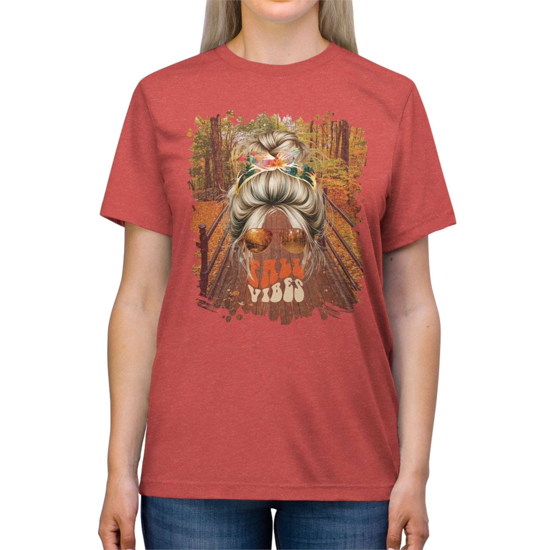 Fall Vibes Fall Hike, Blond Hair Messy Bun, Unisex Triblend T - Shirt - Janlyn's Crafts