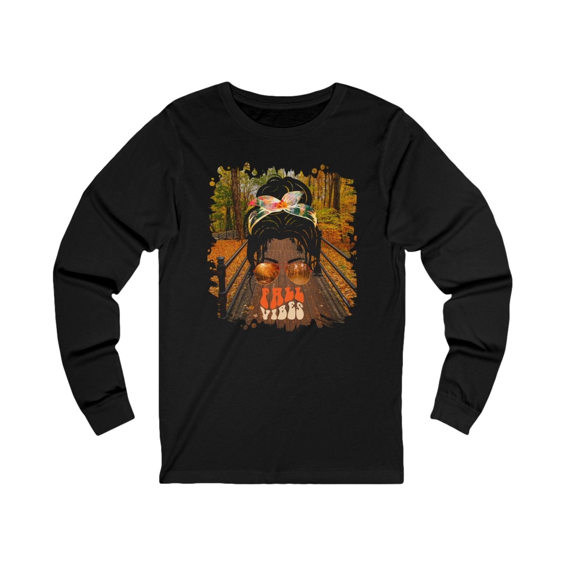 Fall Vibes Fall Hike, Dark Hair Messy Bun, Unisex Jersey Long Sleeve Tee - Janlyn's Crafts