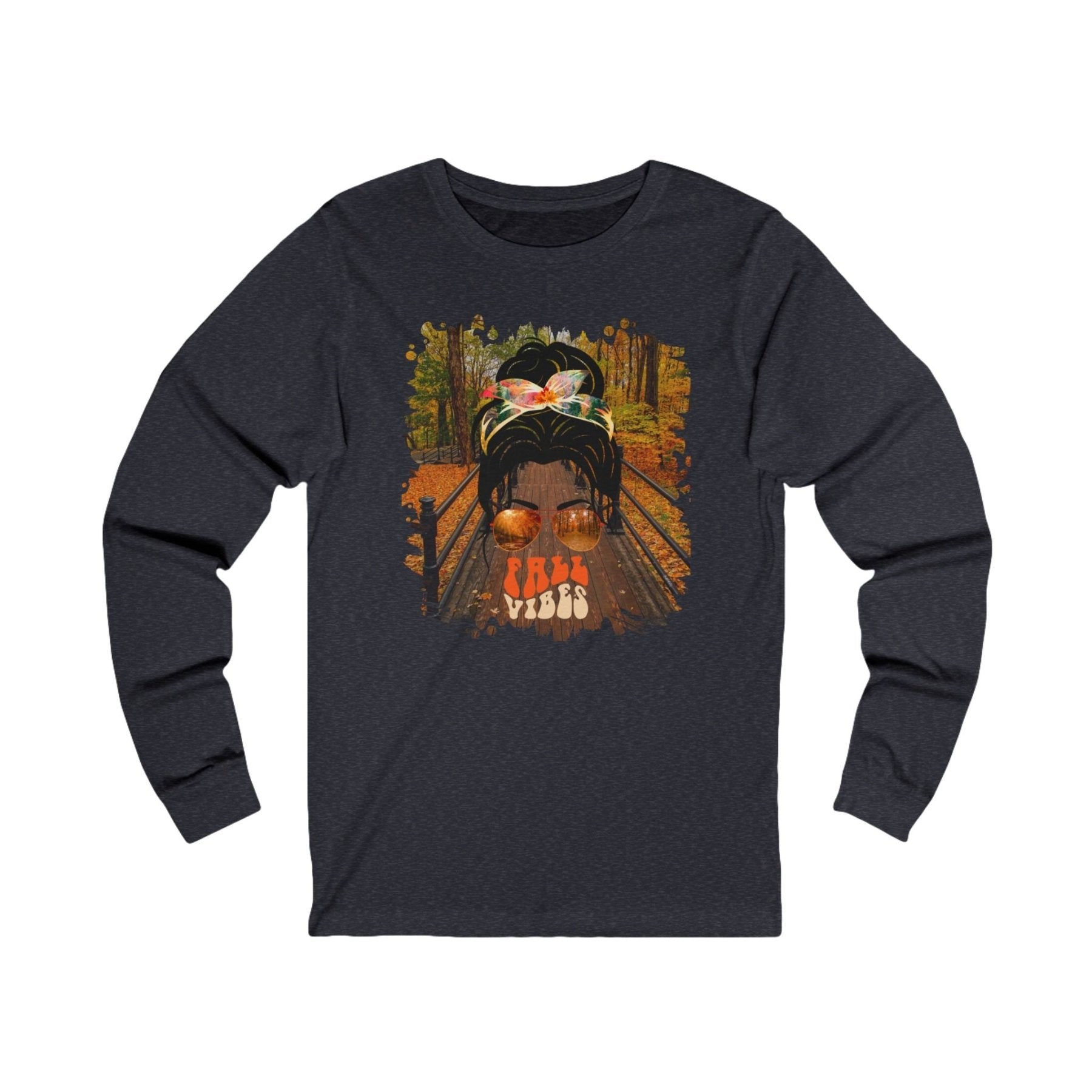 Fall Vibes Fall Hike, Dark Hair Messy Bun, Unisex Jersey Long Sleeve Tee - Janlyn's Crafts