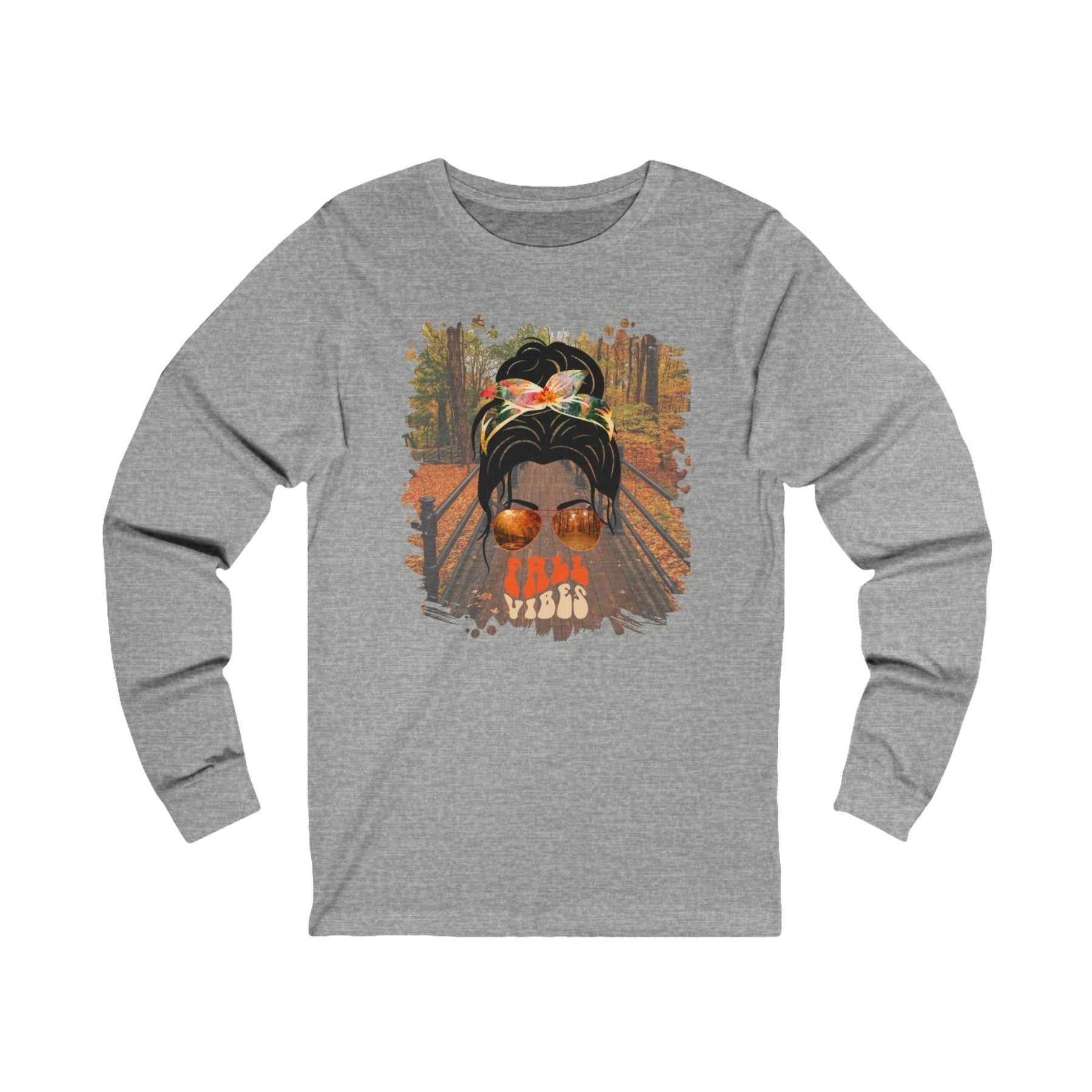 Fall Vibes Fall Hike, Dark Hair Messy Bun, Unisex Jersey Long Sleeve Tee - Janlyn's Crafts