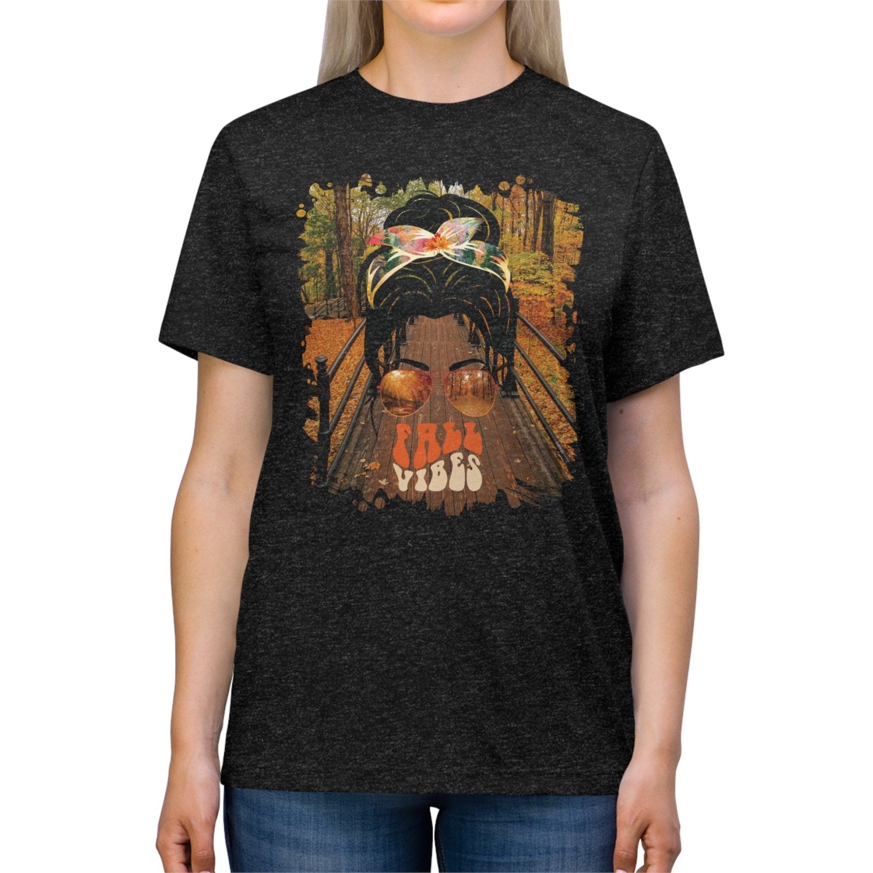 Fall Vibes Fall Hike, Dark Hair Messy Bun, Unisex Triblend T - Shirt - Janlyn's Crafts