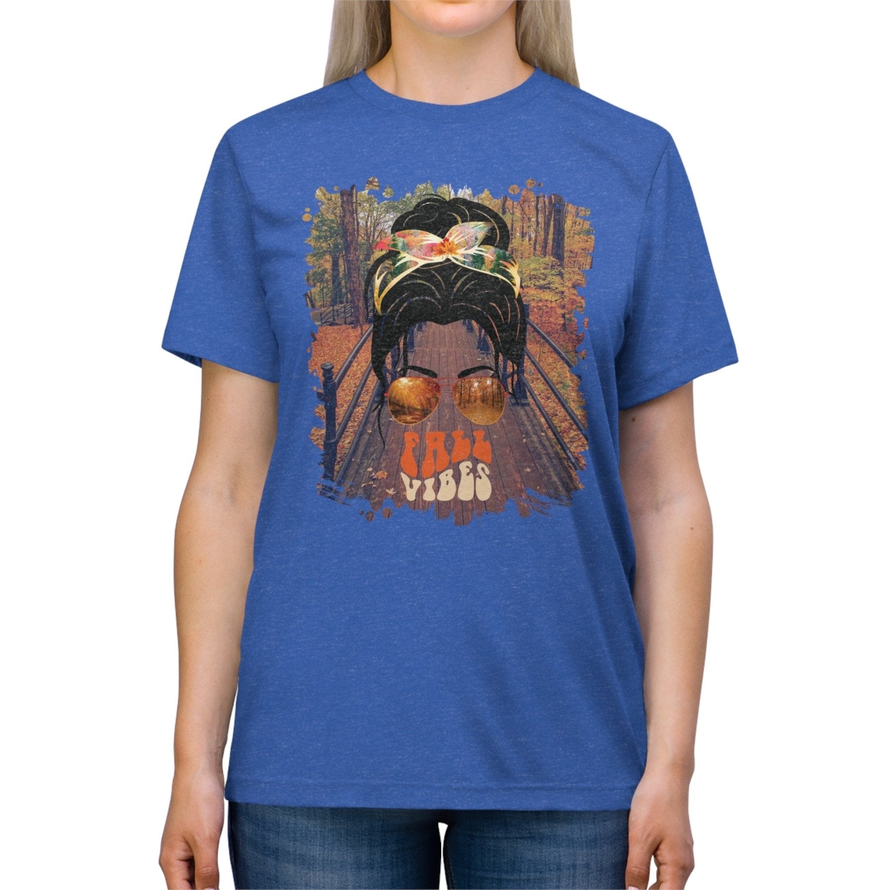 Fall Vibes Fall Hike, Dark Hair Messy Bun, Unisex Triblend T - Shirt - Janlyn's Crafts