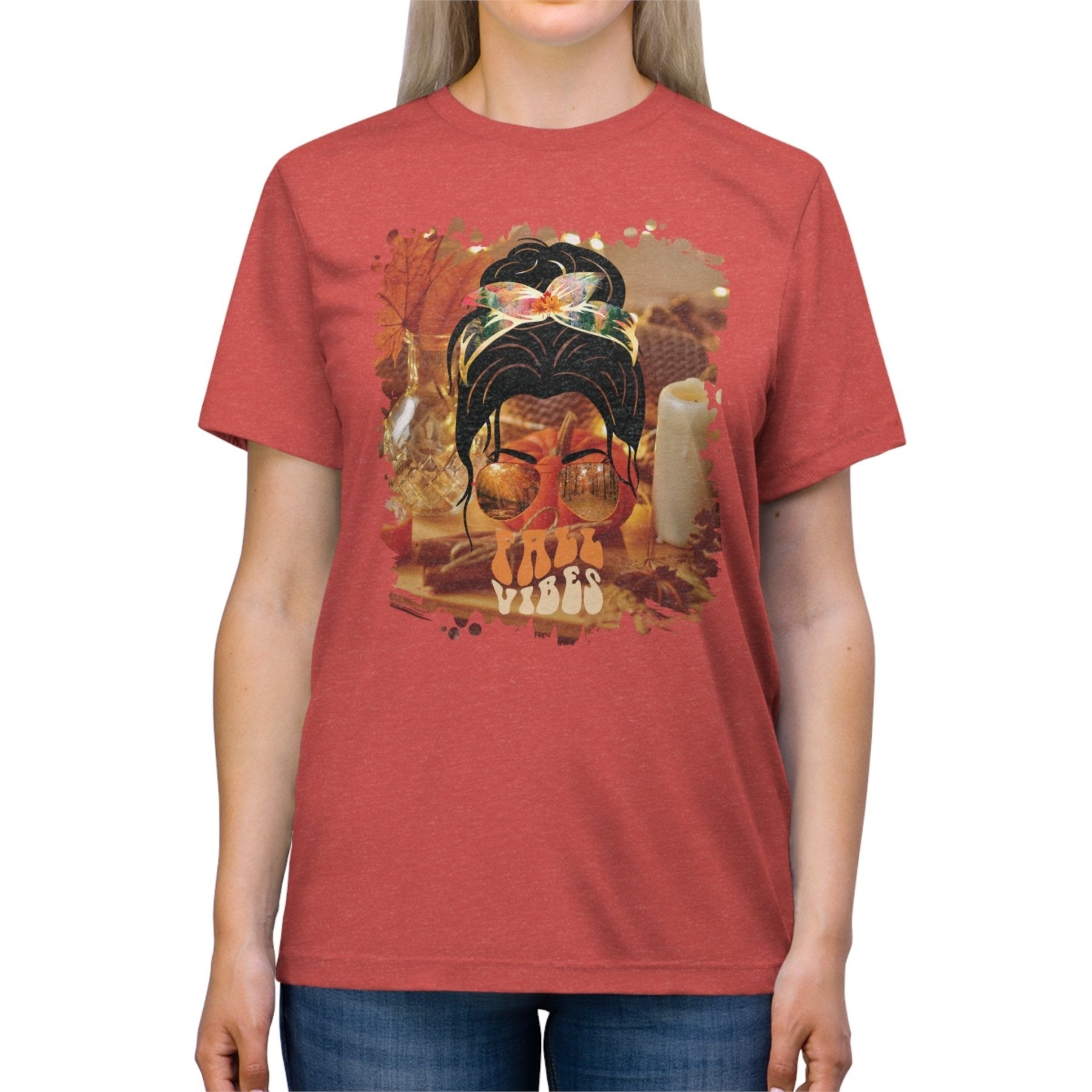 Fall Vibes Fall Home, Dark Hair Messy Bun, Unisex Triblend T - Shirt - Janlyn's Crafts