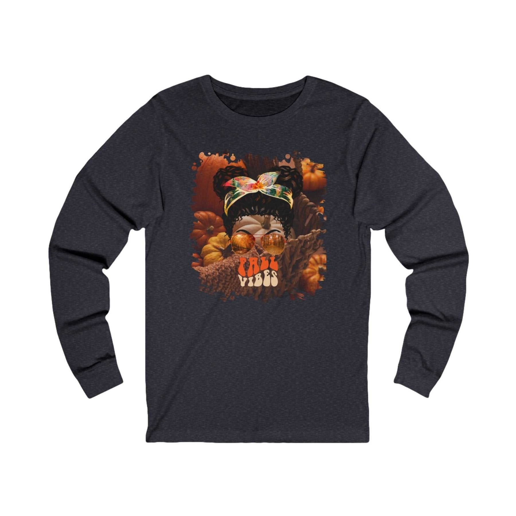 Fall Vibes Fall Pumpkins, Black Hair Messy Bun, Unisex Jersey Long Sleeve Tee - Janlyn's Crafts