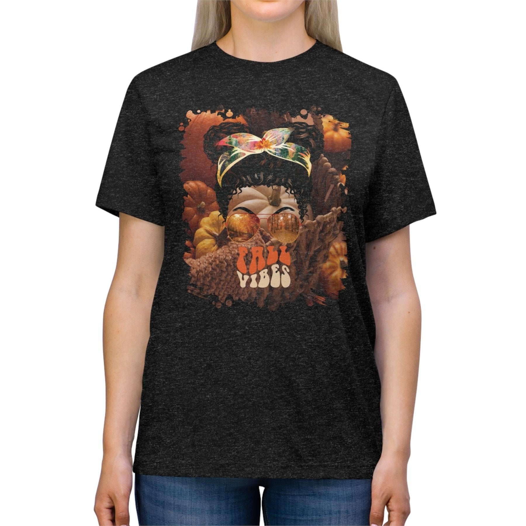 Fall Vibes Fall Pumpkins, Black Hair Messy Bun, Unisex Triblend T - Shirt - Janlyn's Crafts