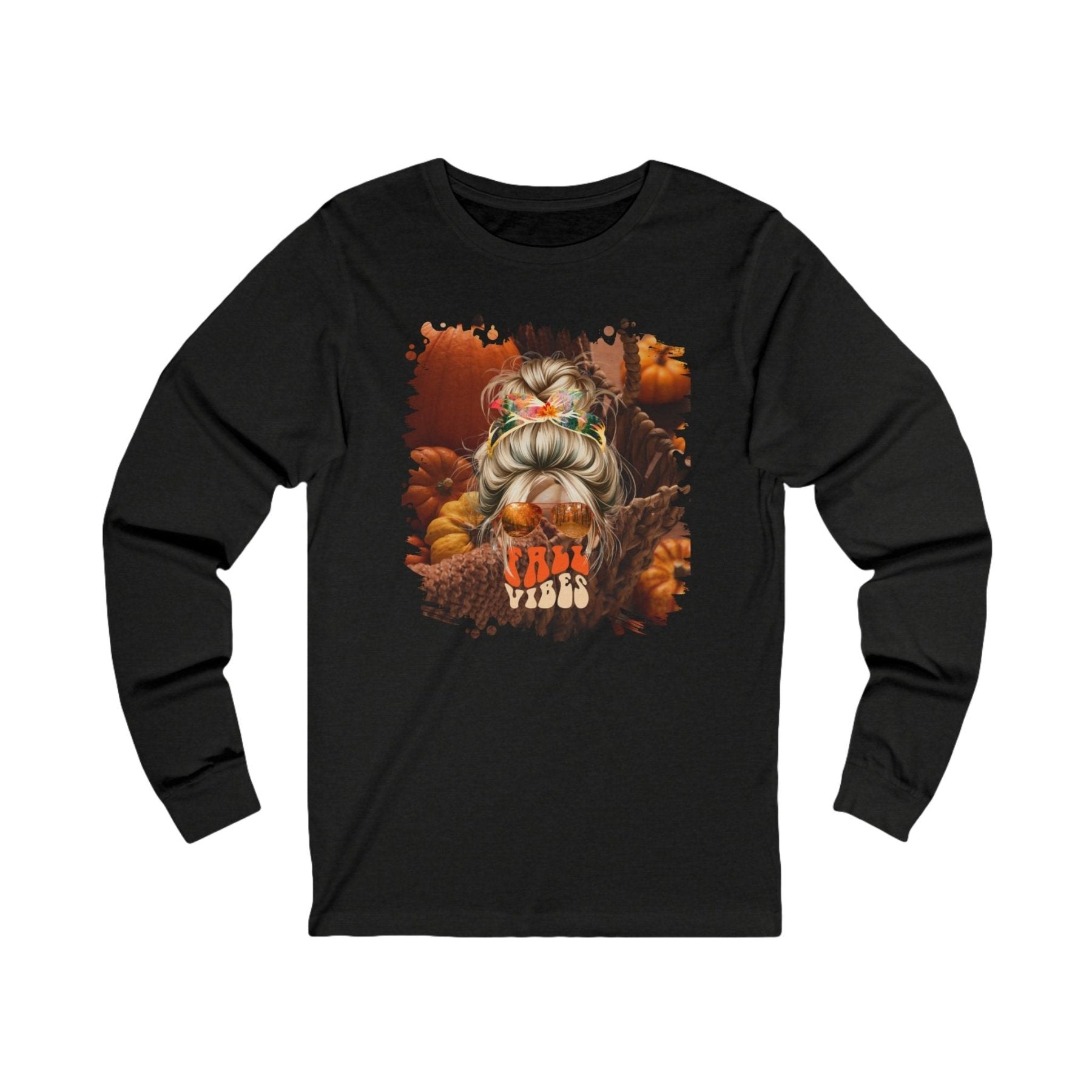 Fall Vibes Fall Pumpkins, Blond Hair Messy Bun, Unisex Jersey Long Sleeve Tee - Janlyn's Crafts