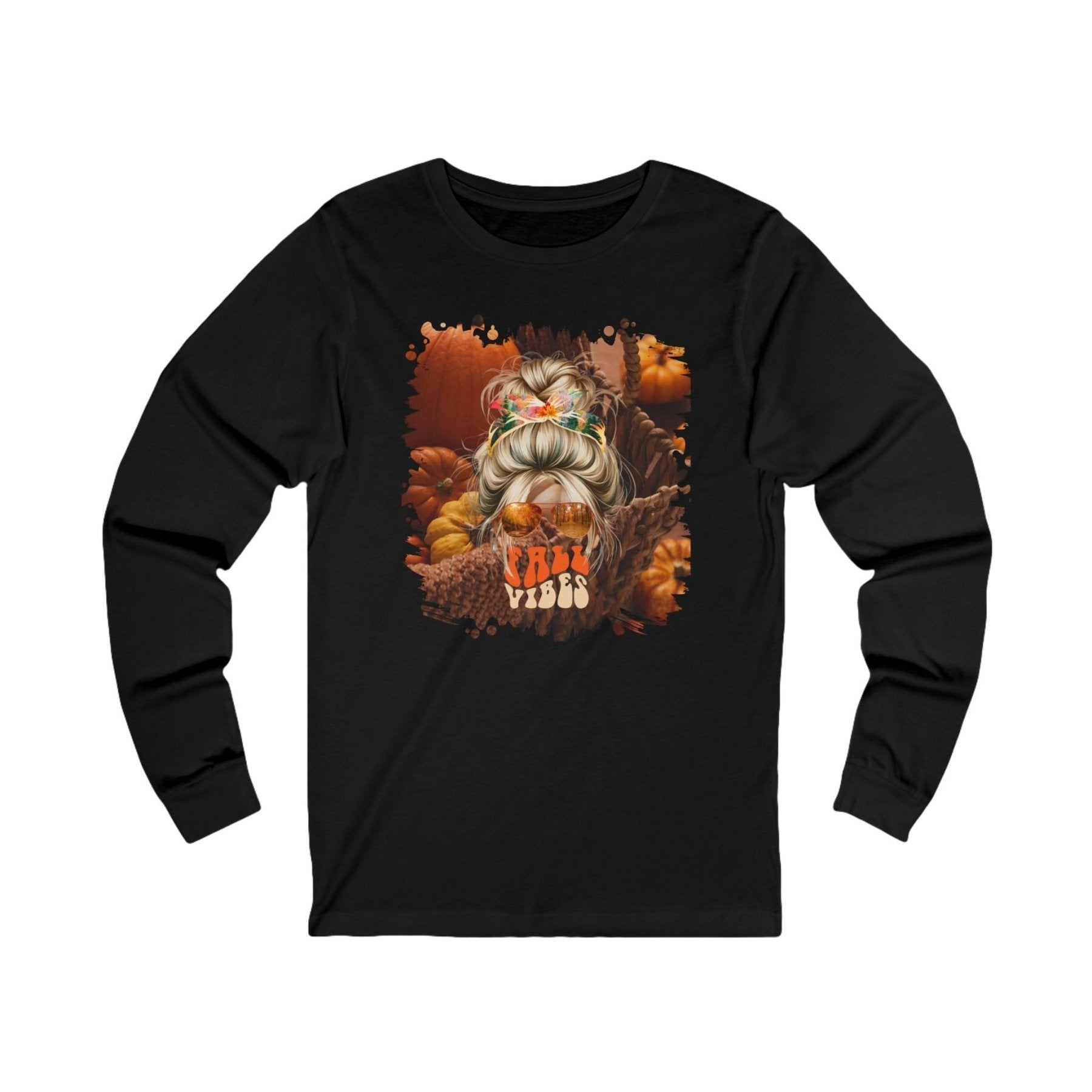 Fall Vibes Fall Pumpkins, Blond Hair Messy Bun, Unisex Jersey Long Sleeve Tee - Janlyn's Crafts