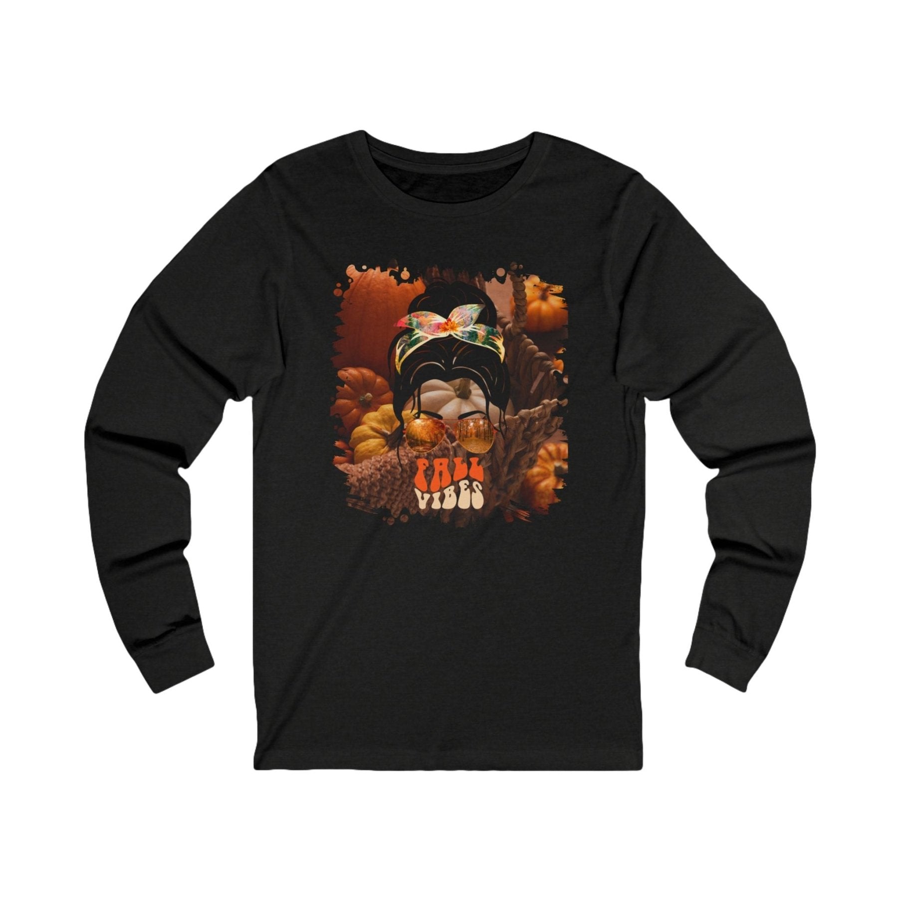 Fall Vibes Fall Pumpkins, Dark Hair Messy Bun, Unisex Jersey Long Sleeve Tee - Janlyn's Crafts