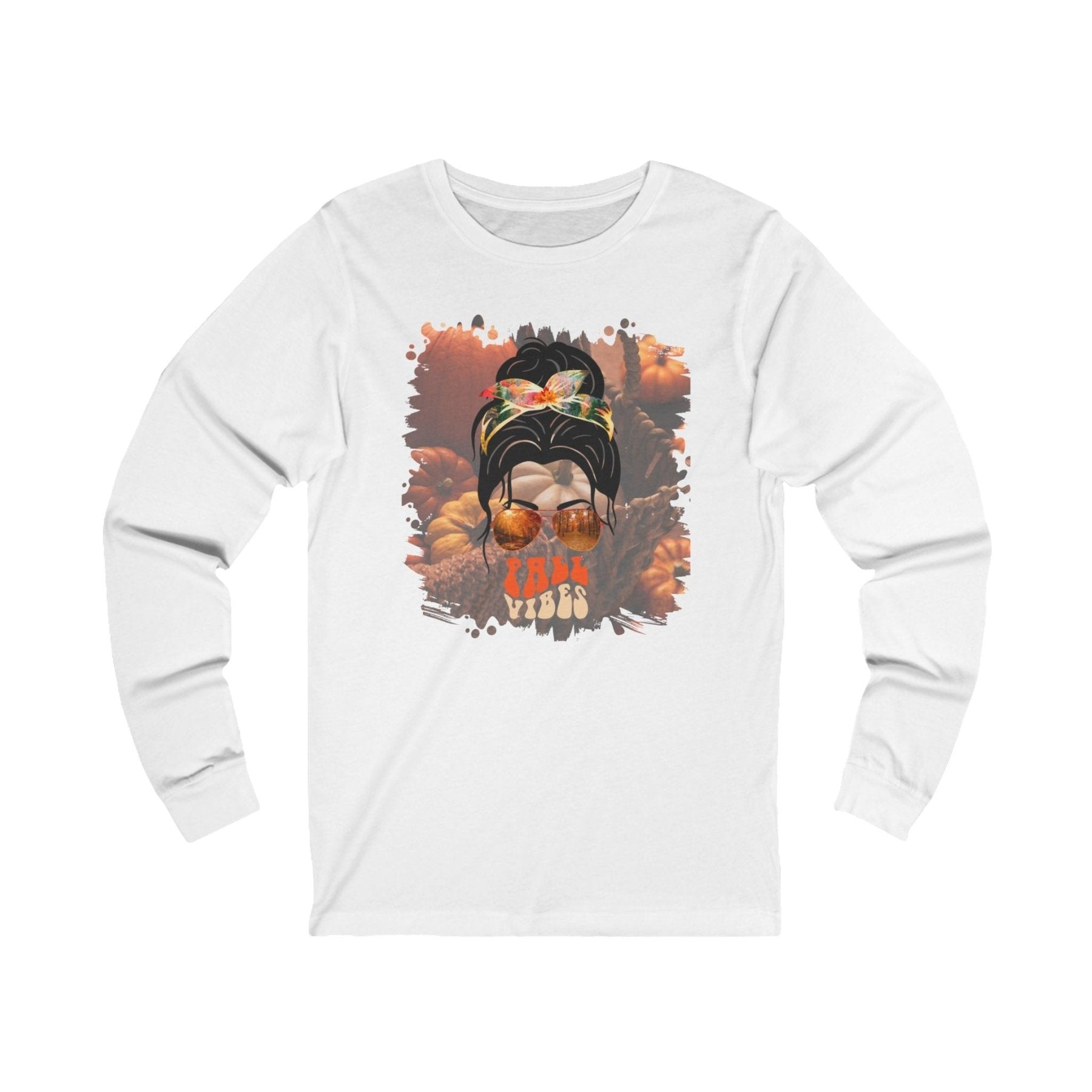 Fall Vibes Fall Pumpkins, Dark Hair Messy Bun, Unisex Jersey Long Sleeve Tee - Janlyn's Crafts