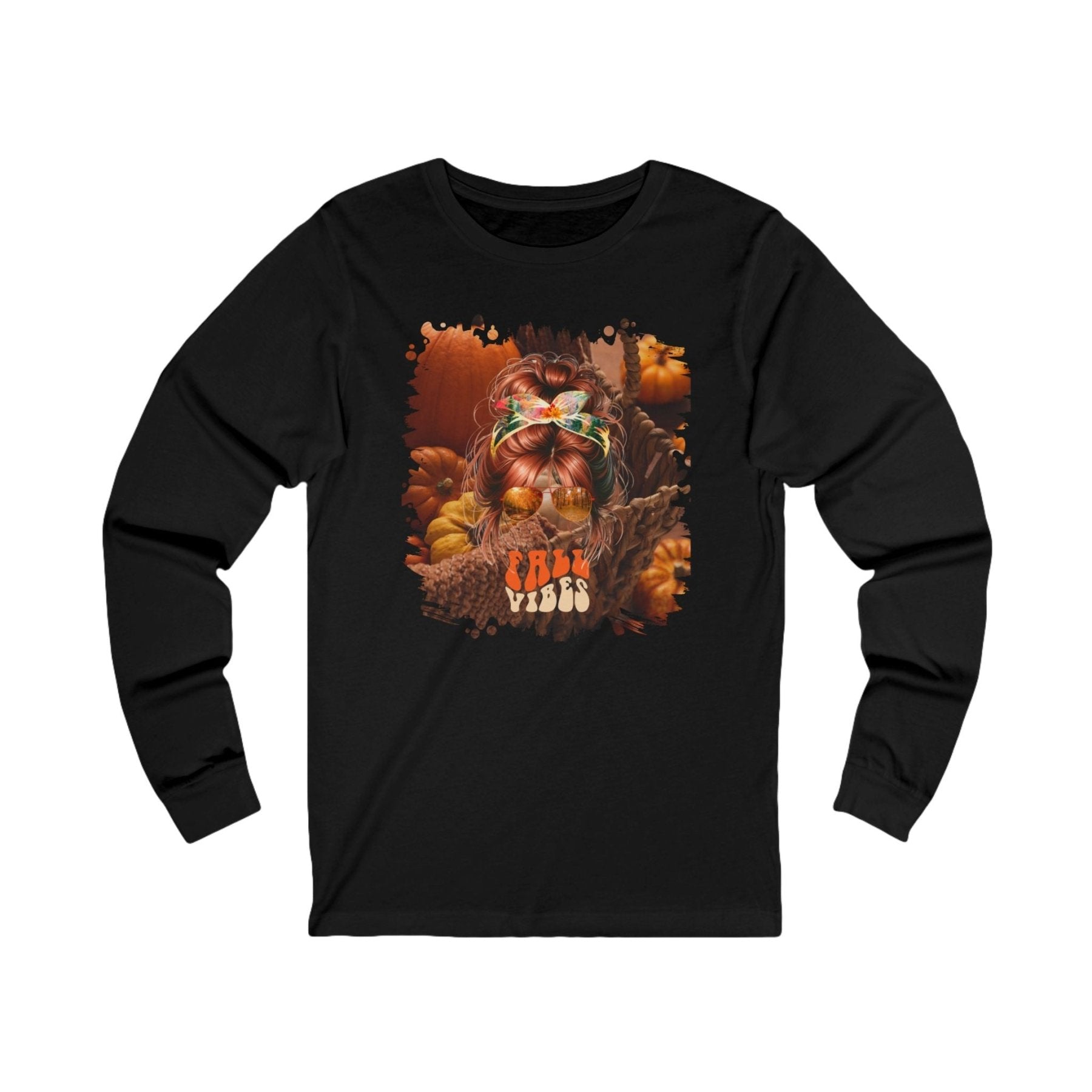 Fall Vibes Fall Pumpkins, Red Hair Messy Bun, Unisex Jersey Long Sleeve Tee - Janlyn's Crafts