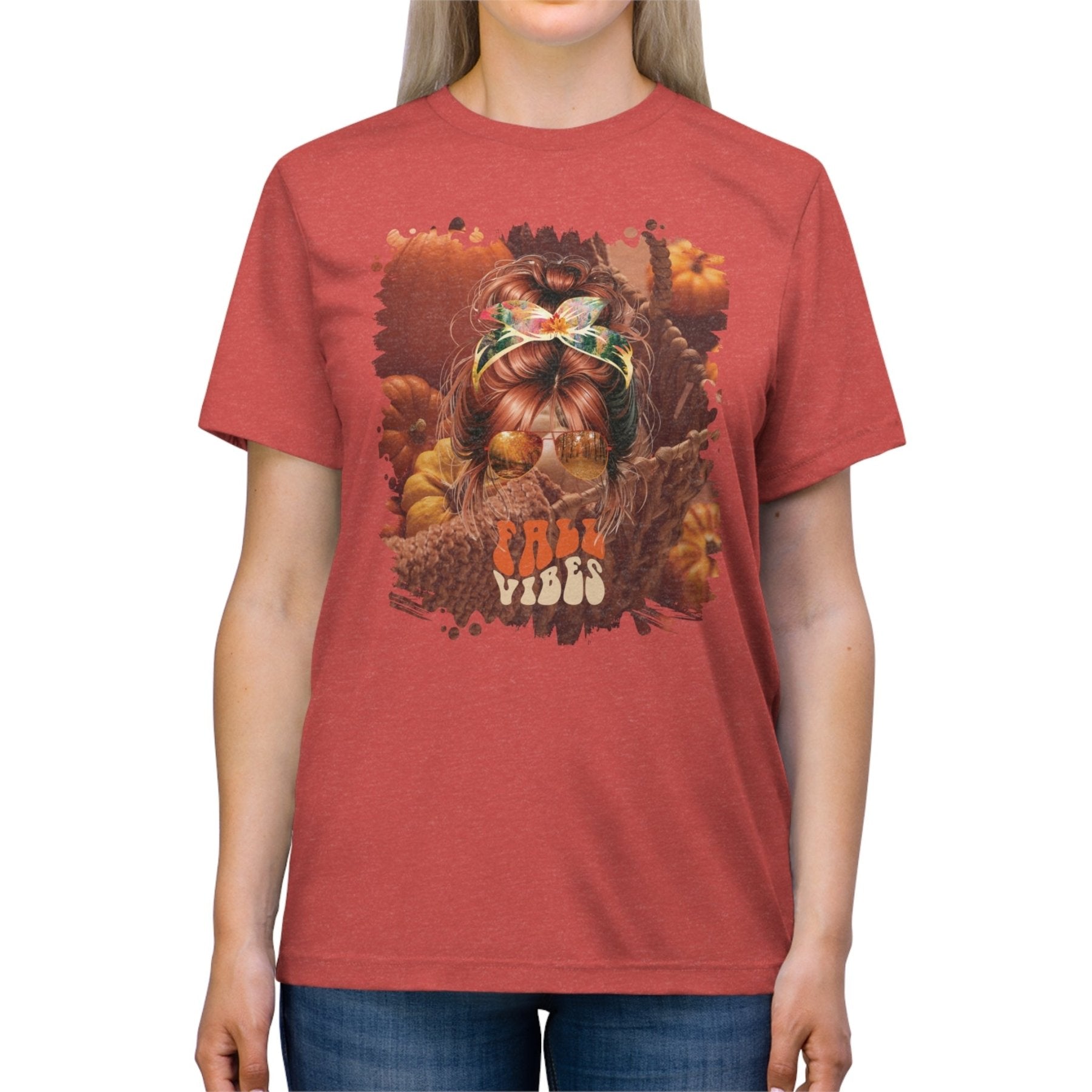 Fall Vibes Fall Pumpkins, Red Hair Messy Bun, Unisex Triblend T - Shirt - Janlyn's Crafts